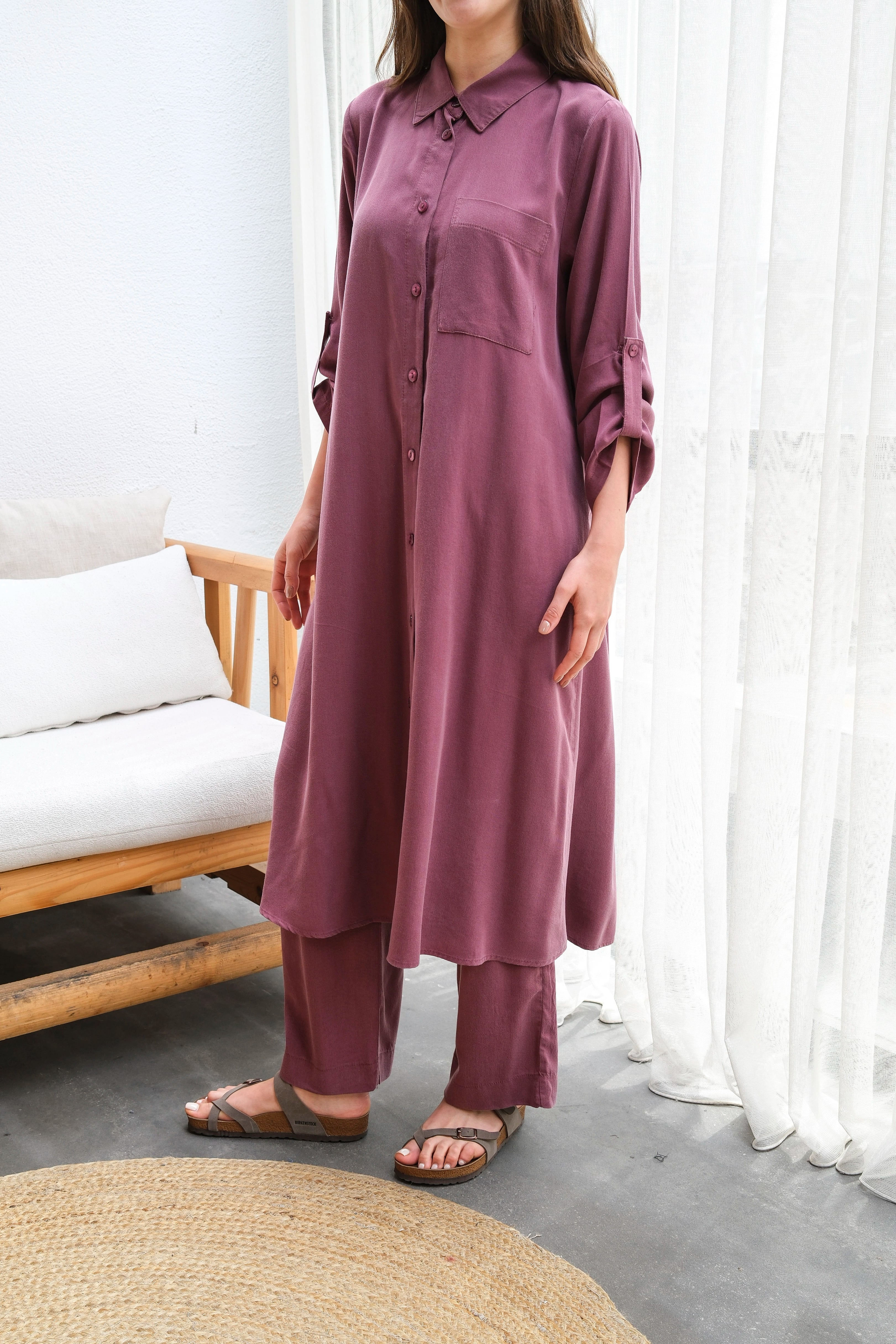 Toptan Tensel Kumaş Tuniği Uzun Düğmeli Battal Beden İkili Takım - BORDO