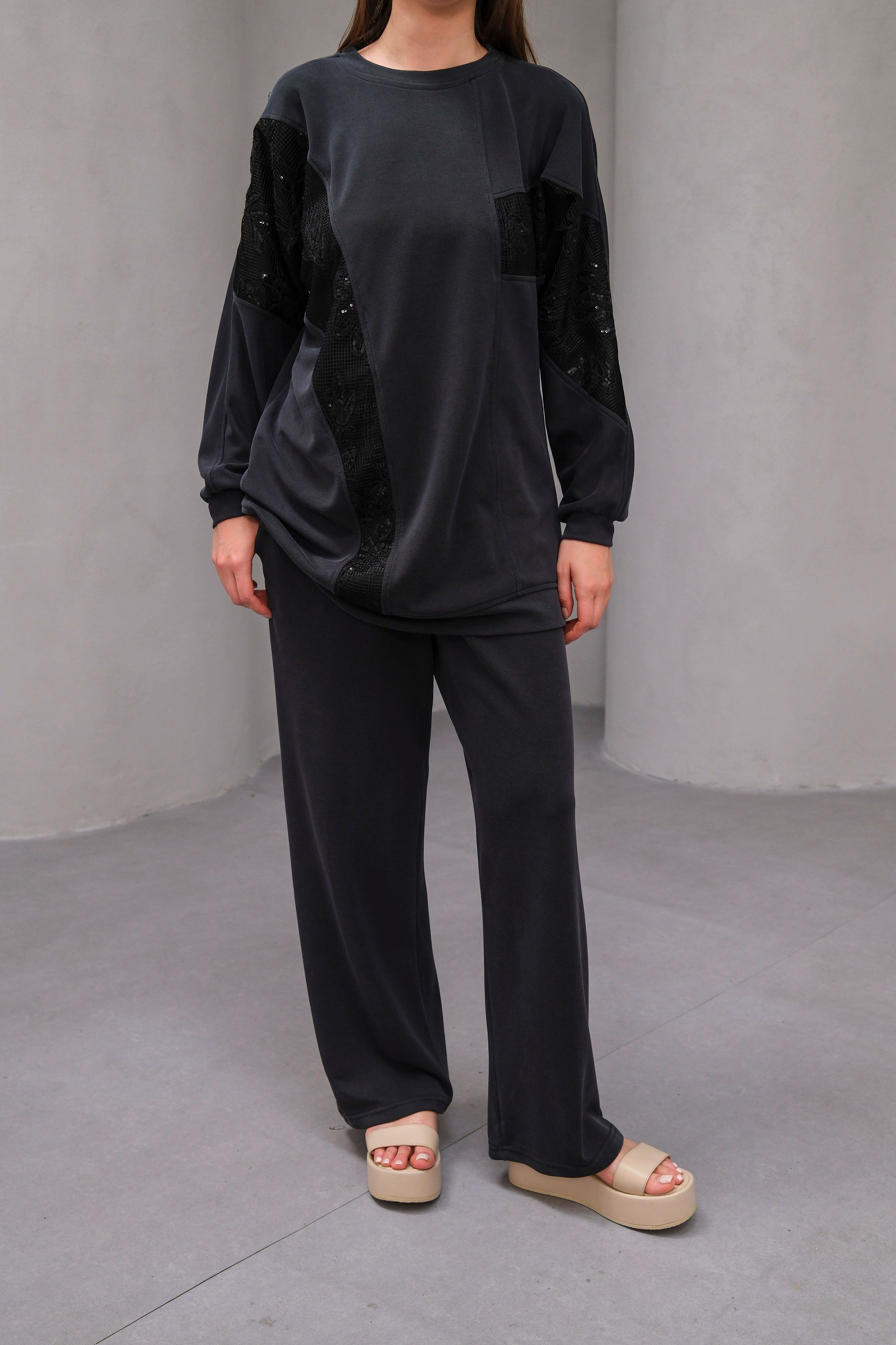 Wholesale Ecem Fabric Patterned Net Fabric Detailed Two Piece Suit - 10655 Product Information - Black