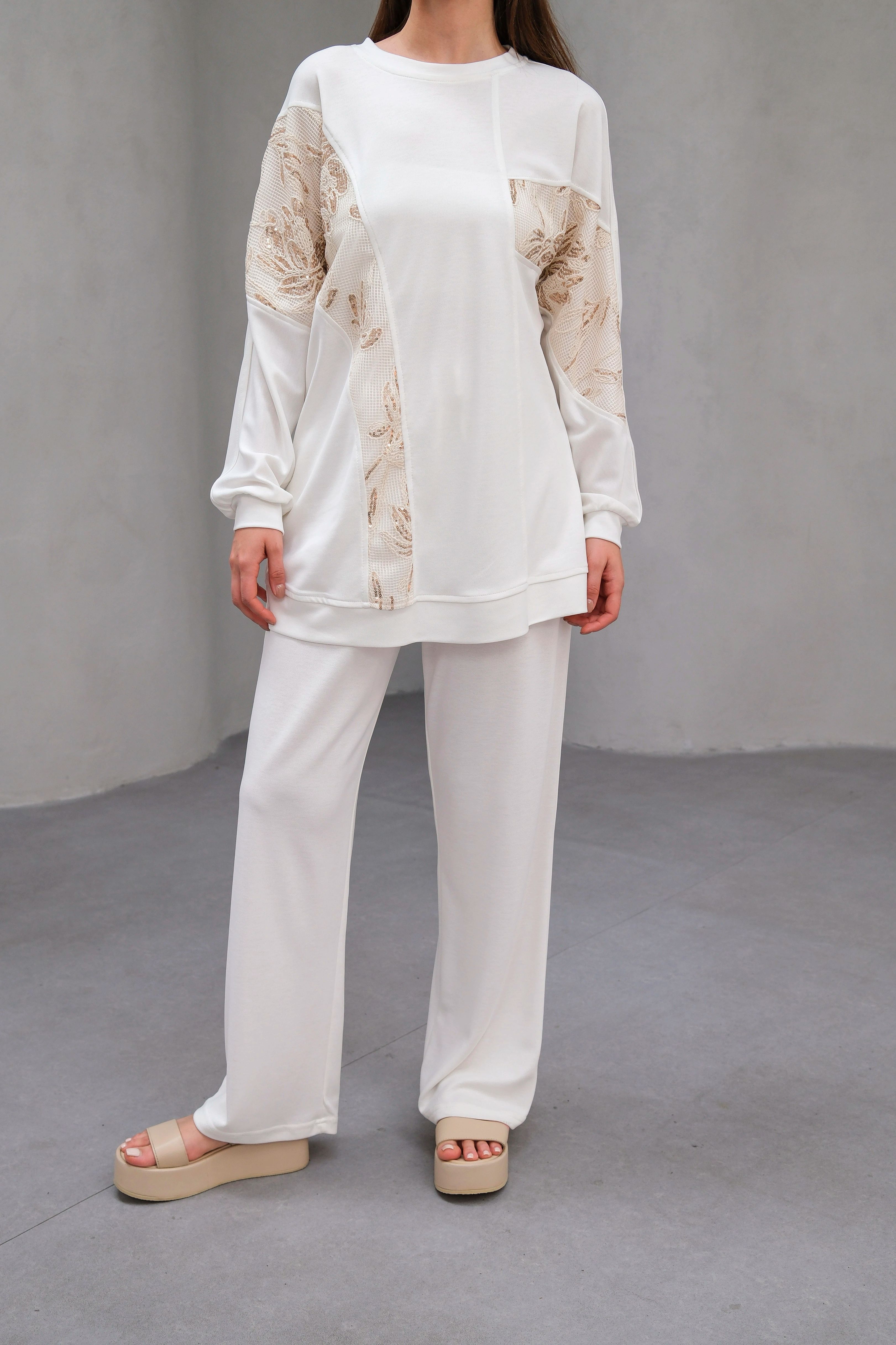Wholesale Ecem Fabric Patterned Net Fabric Detailed Two Piece Suit - 10655 Product Information - White