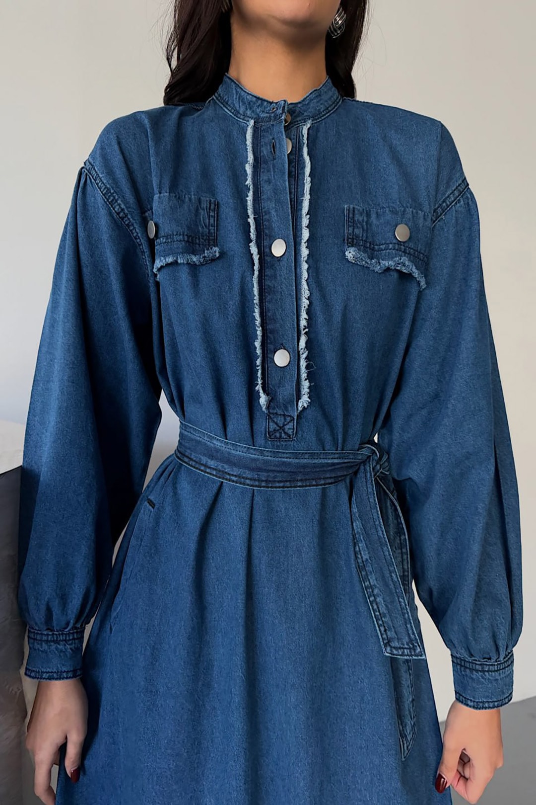 Wholesale Denim Fabric Button Waist Belted Dress - 3731 - Denim