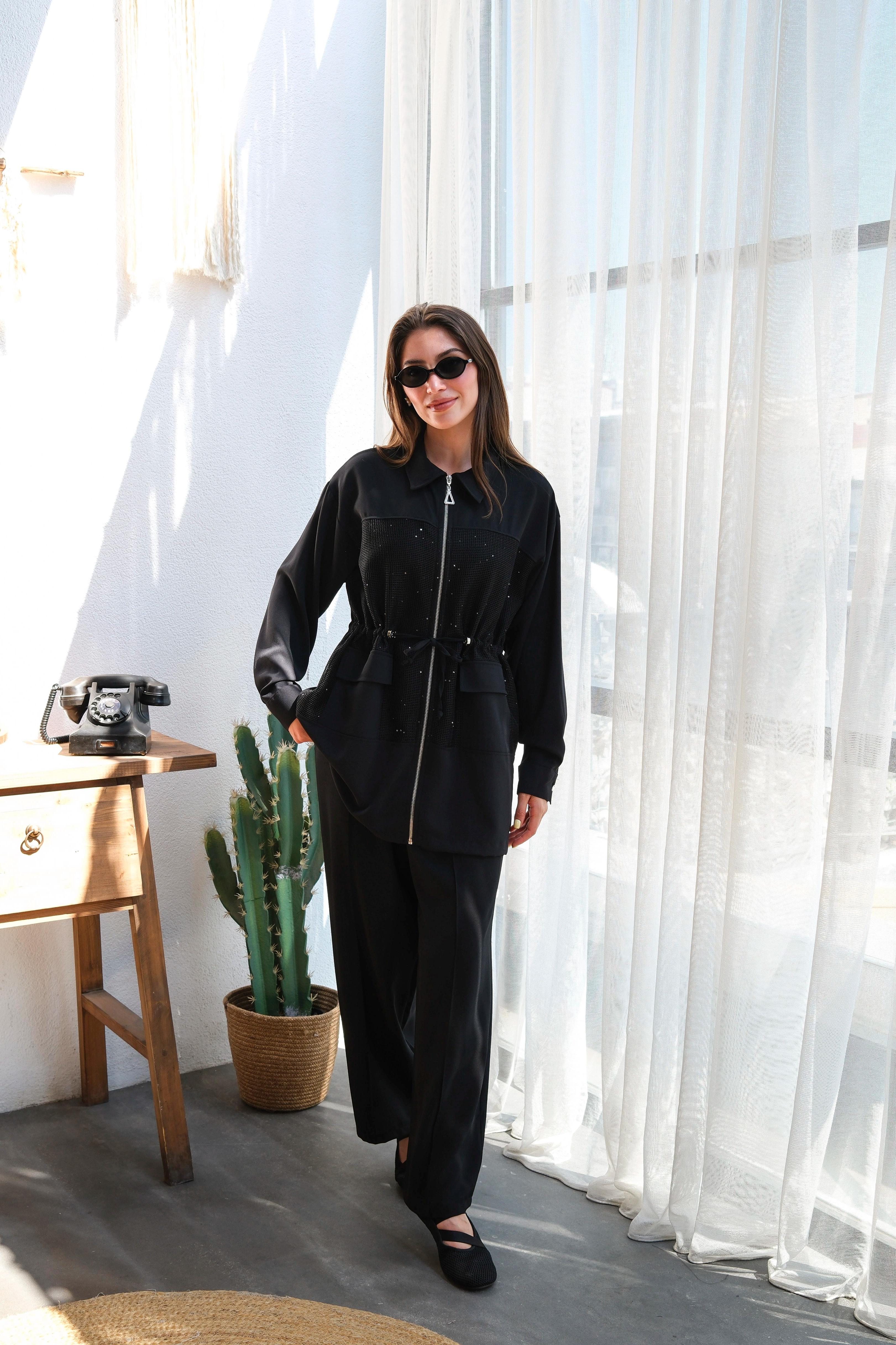 Toptan Linda Kumaş Pul Detaylı Belden Tünelli İkili Takım