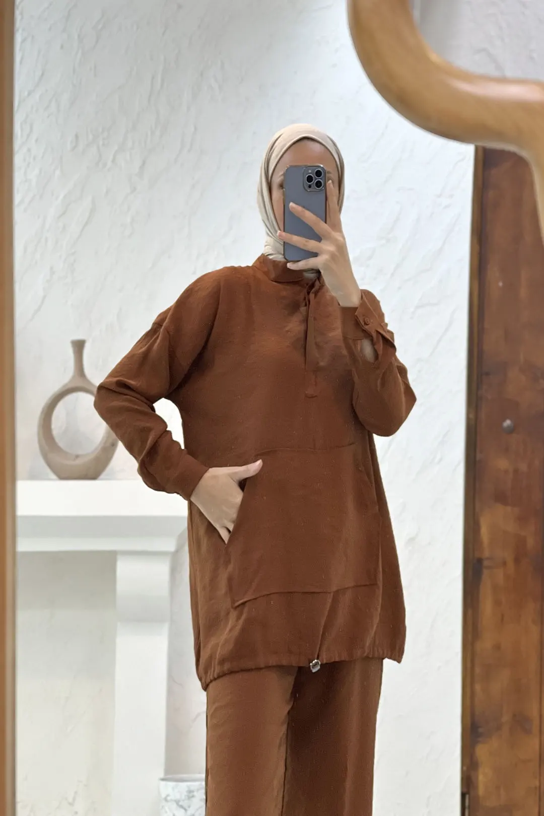 Toptan Viscon Tensel Kumaş Gizli Düğmeli Kanguru Cepli İkili Takım - TARÇIN