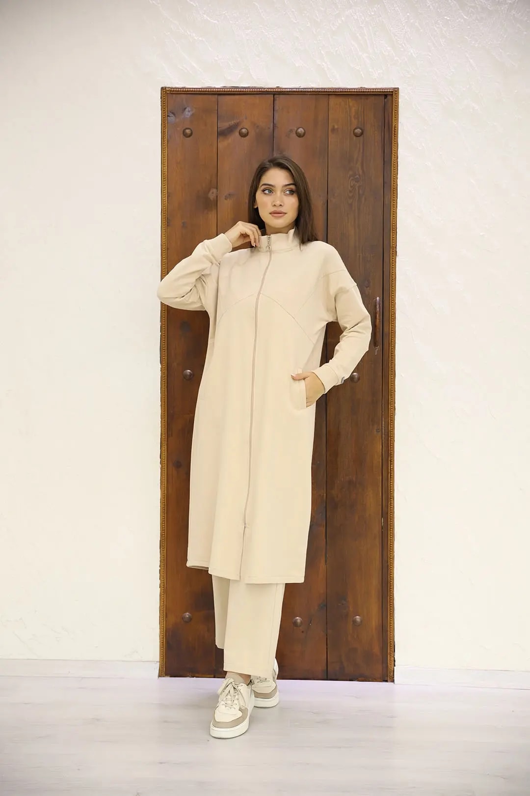 Wholesale Two-Thread Fabric Full Zippered Two-Piece Suit - Biscuit