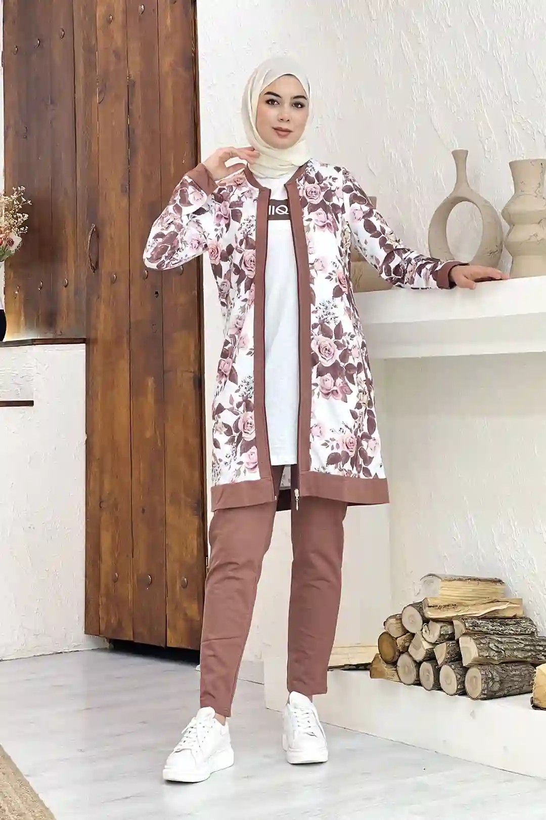 Wholesale Two-Thread Fabric Digitally Printed Front Full Zippered Three-Piece Suit - Dark Brown