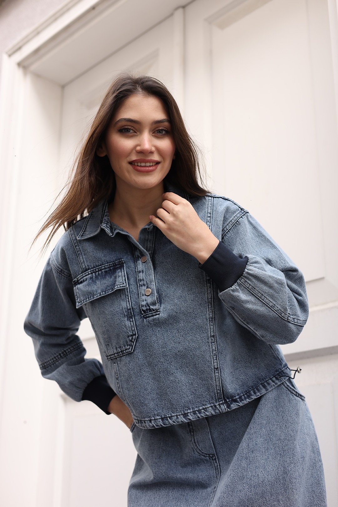 Wholesale Denim Fabric Double Skirt Set - 8201