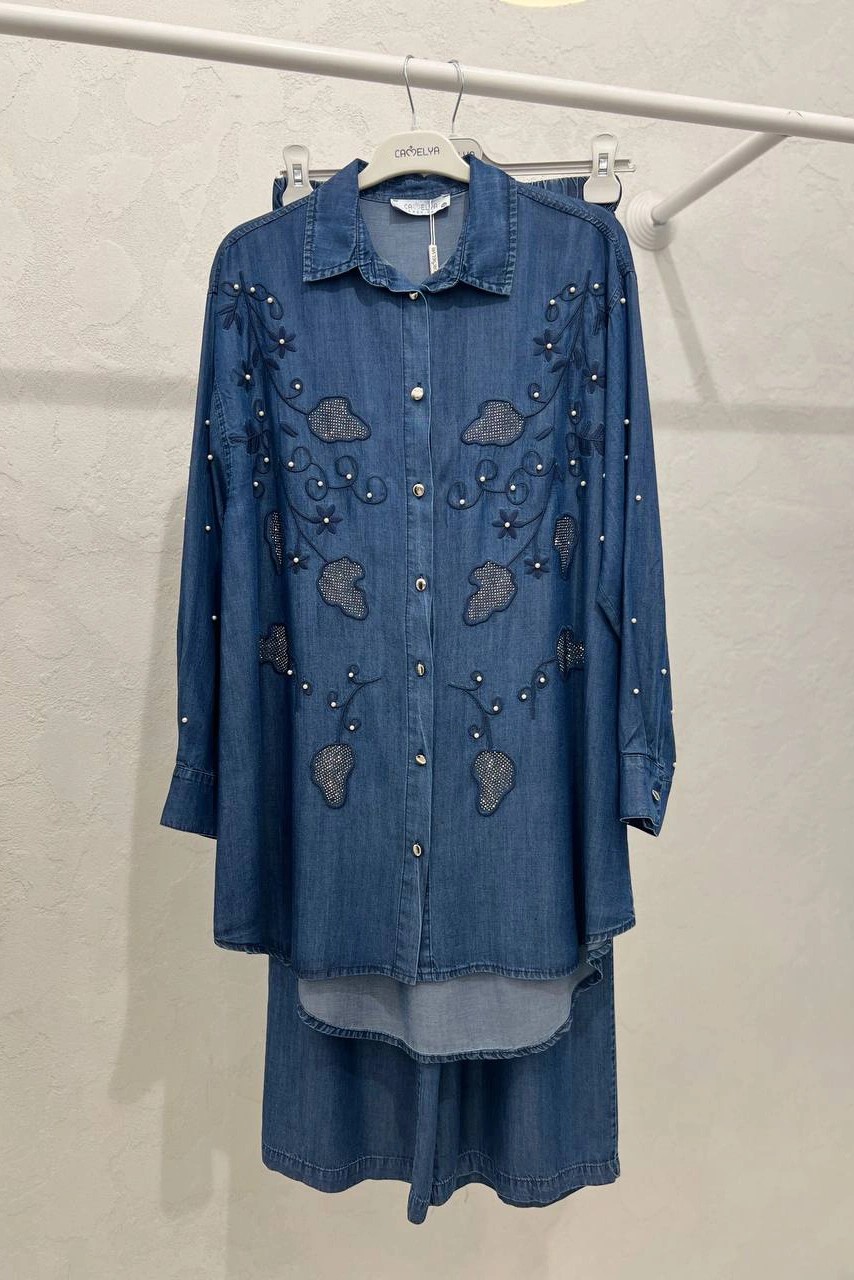 Wholesale Thin Denim Fabric Stone Decorated Two Piece Suit - 10684 Product Information - Dark Blue Denim