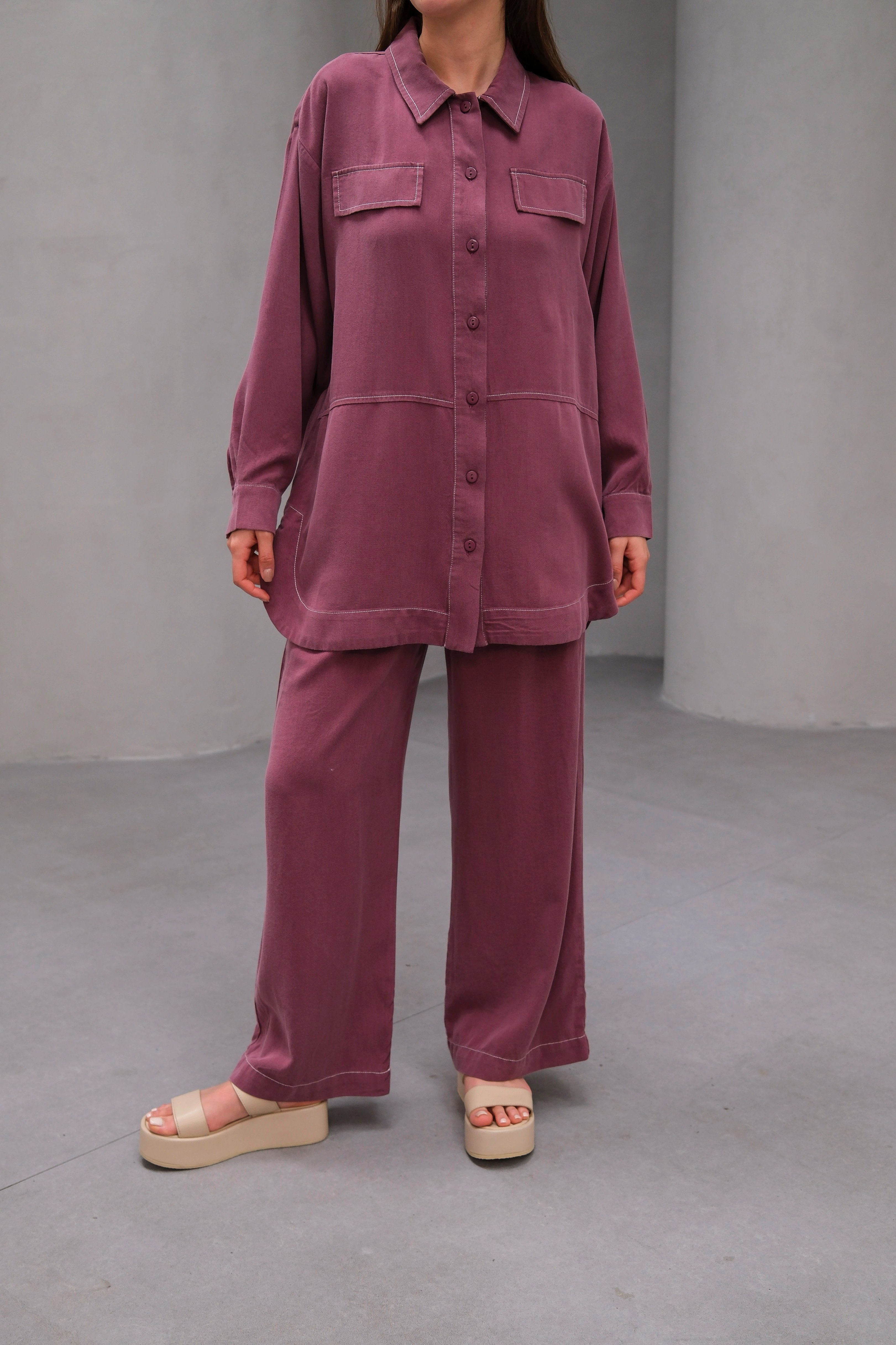 Wholesale Tencel Fabric Buttoned Flap Pocket Two Piece Suit - 10644 Product Information - Dusty Rose