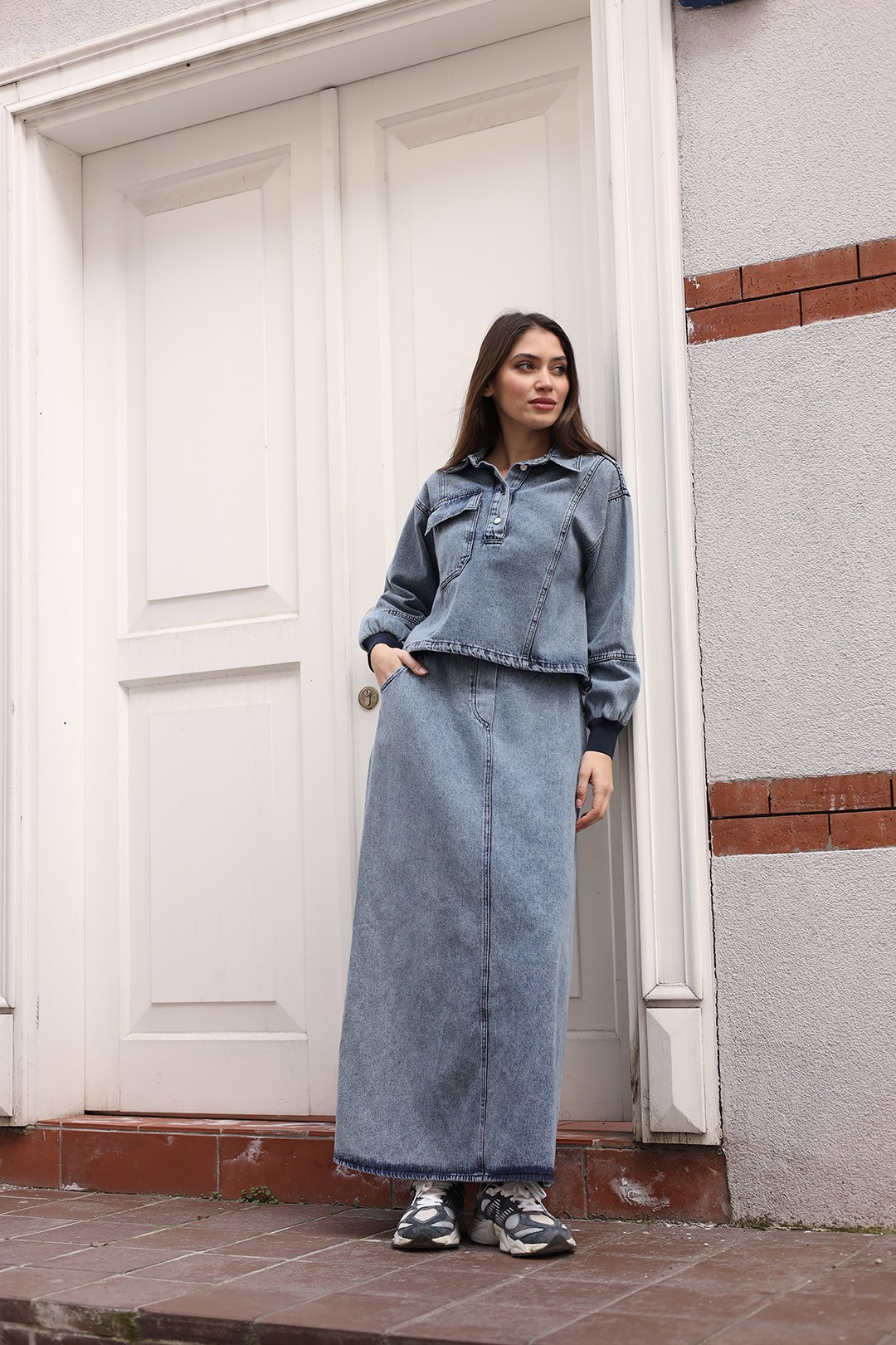 Wholesale Denim Fabric Double Skirt Set - 8201