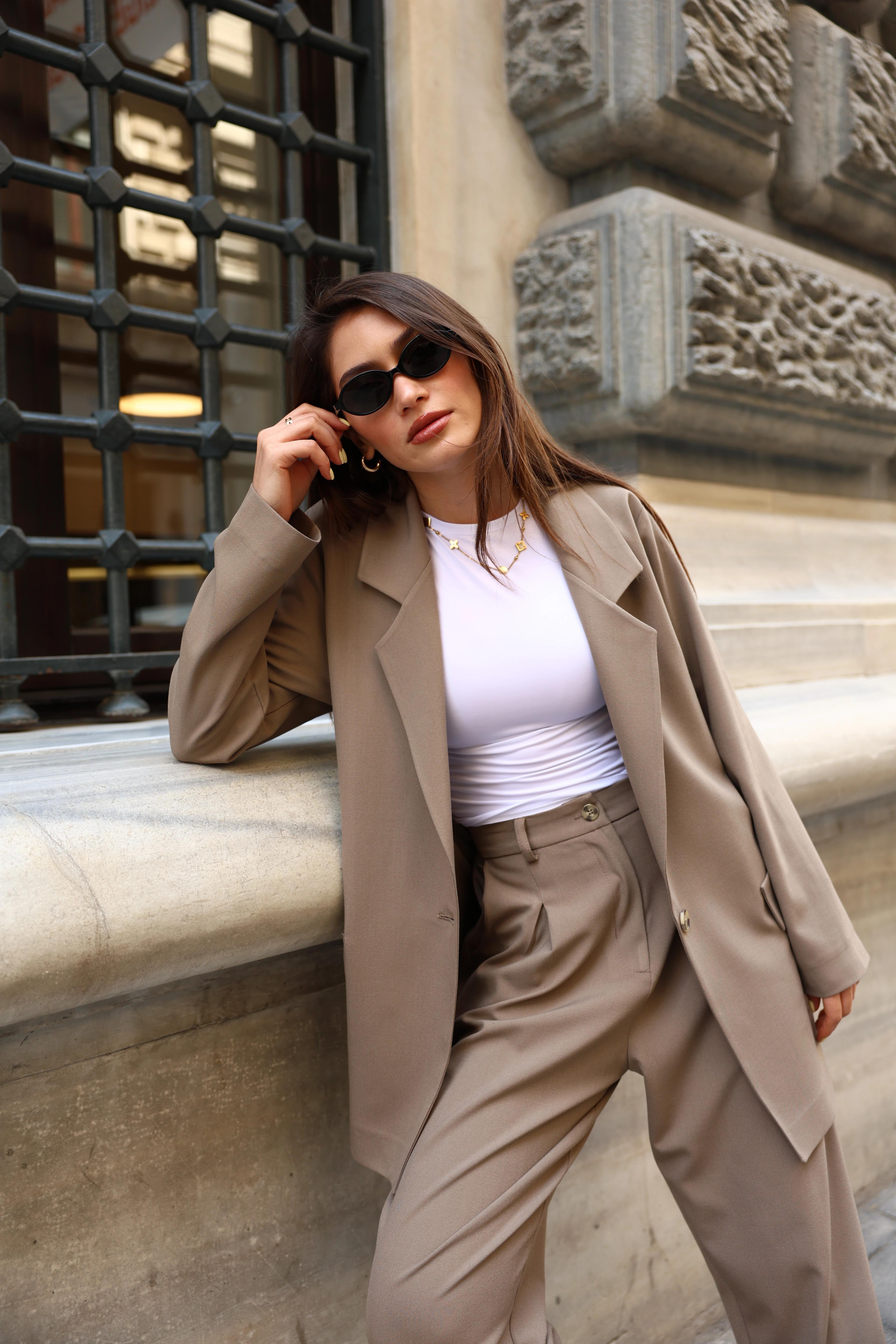 Toptan İthal Keten Kumaş Blazer Ceketli İkili Takım - KAHVE