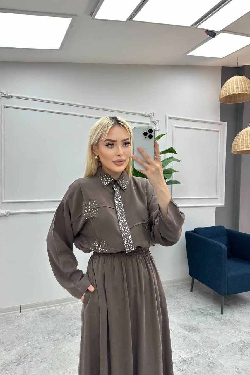 Toptan Tensel Kumaş Taş Süslemeli İkili Etek Takım - KAHVE