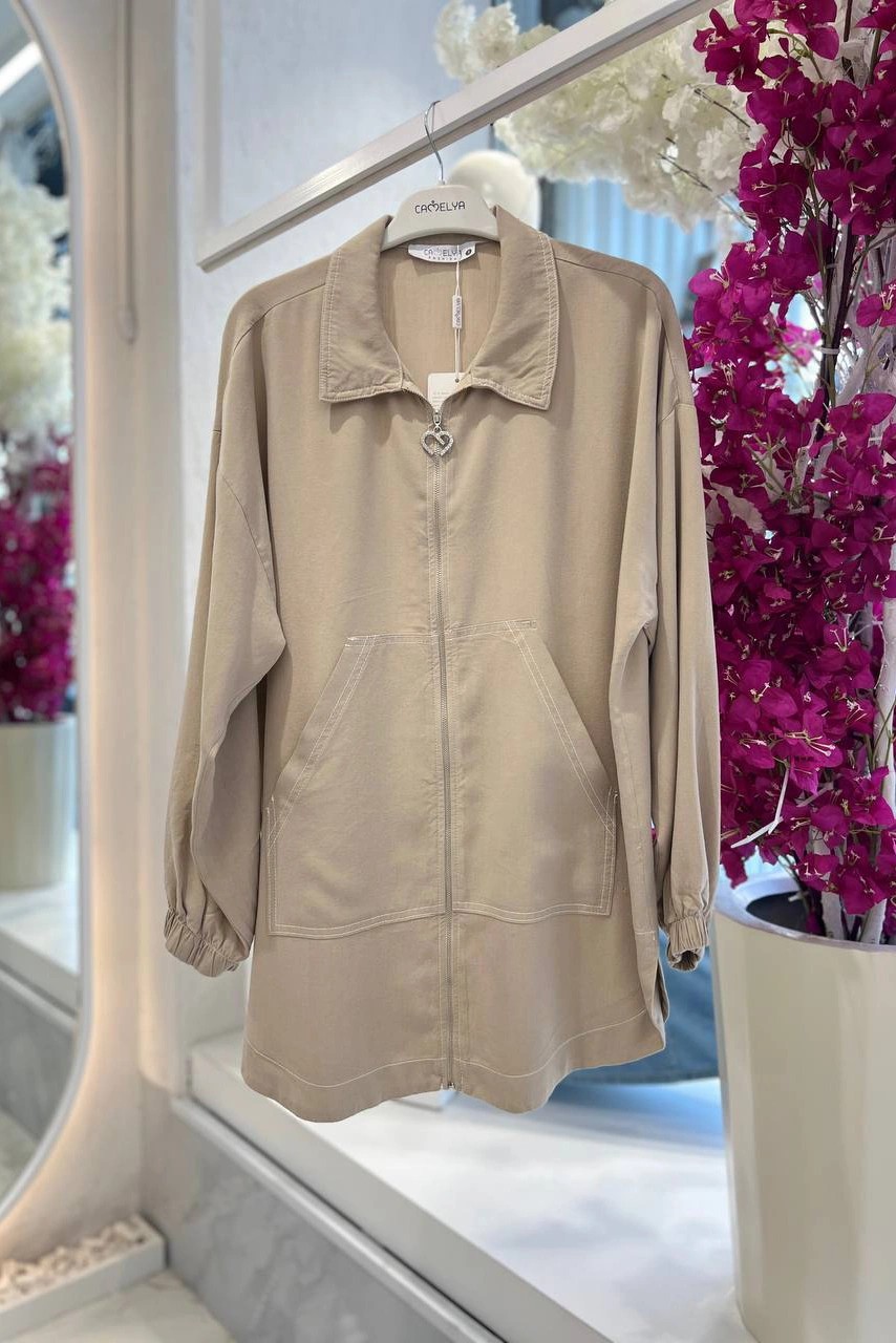 Wholesale Tencel Fabric Zippered and Pocketed Jacket - 2323 Product Information - Cream