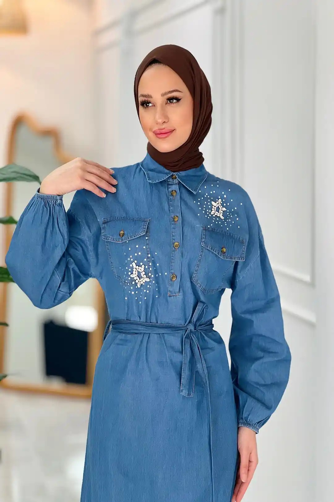 Wholesale Denim Fabric Drawstring Waist Stone Detailed Dress - Dark Blue Denim