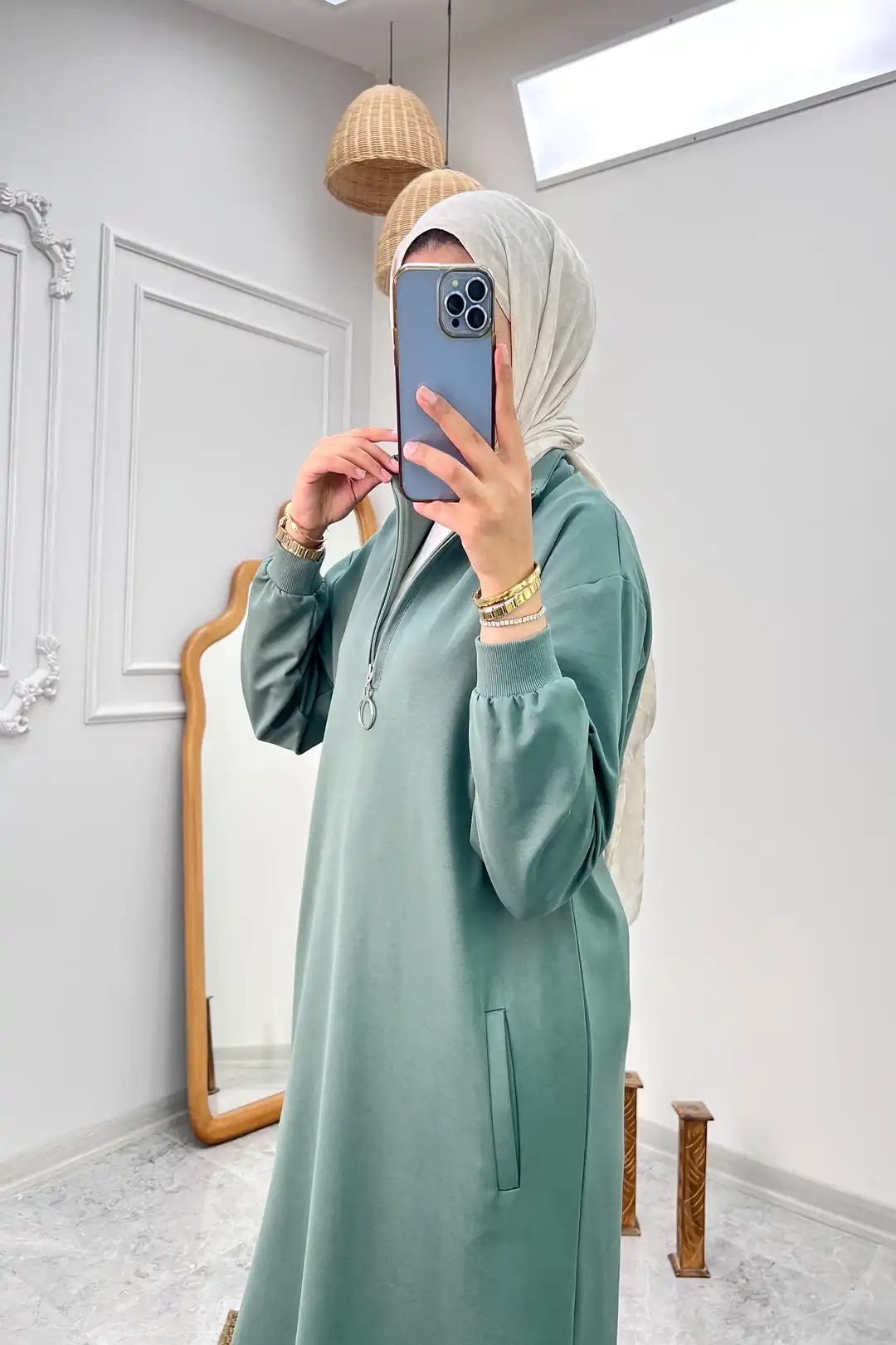 Wholesale Two-Ply Fabric Zippered Collar Pocket Two-Piece Suit - Mint Green