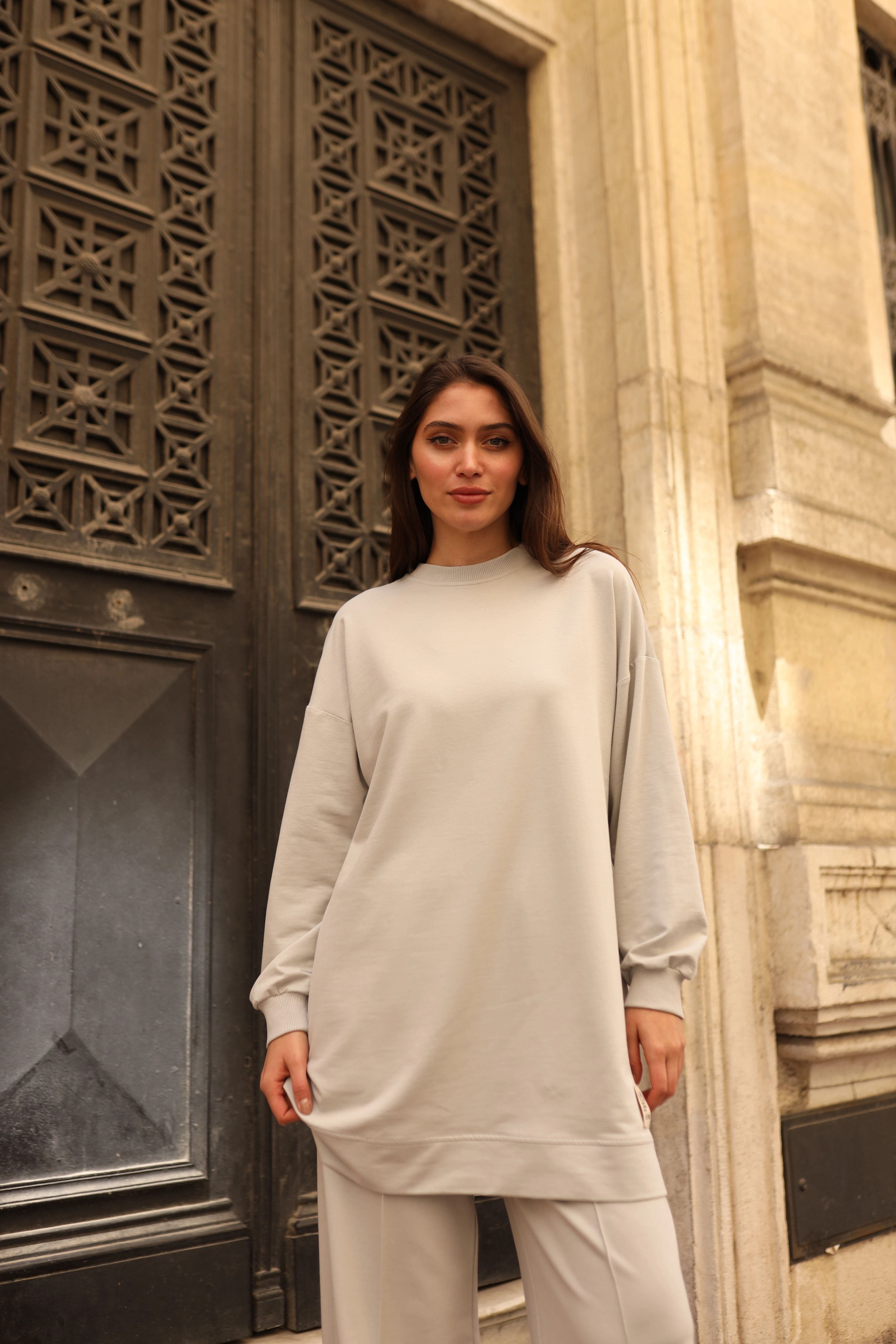 Wholesale Two Yarn Fabric Low Sleeve Embroidered Two Piece Suit - 10667 Product Information - AÇIK GRİ