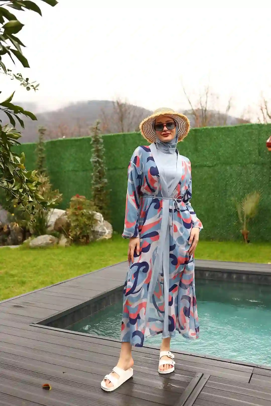 Toptan Polyester Elastan Desenli Beli İpli Dörtlü Tesettür Mayo