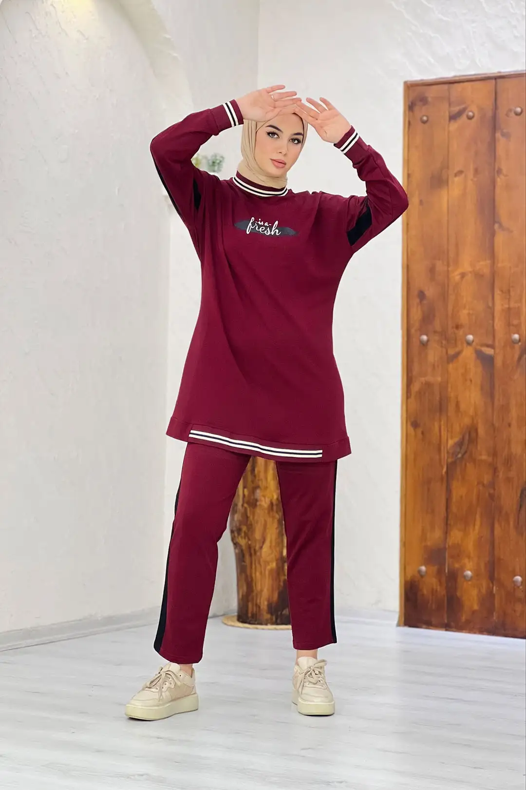 Toptan İki İplik Kumaş Yazı Desenli Ribana Detaylı İkili Takım - BORDO