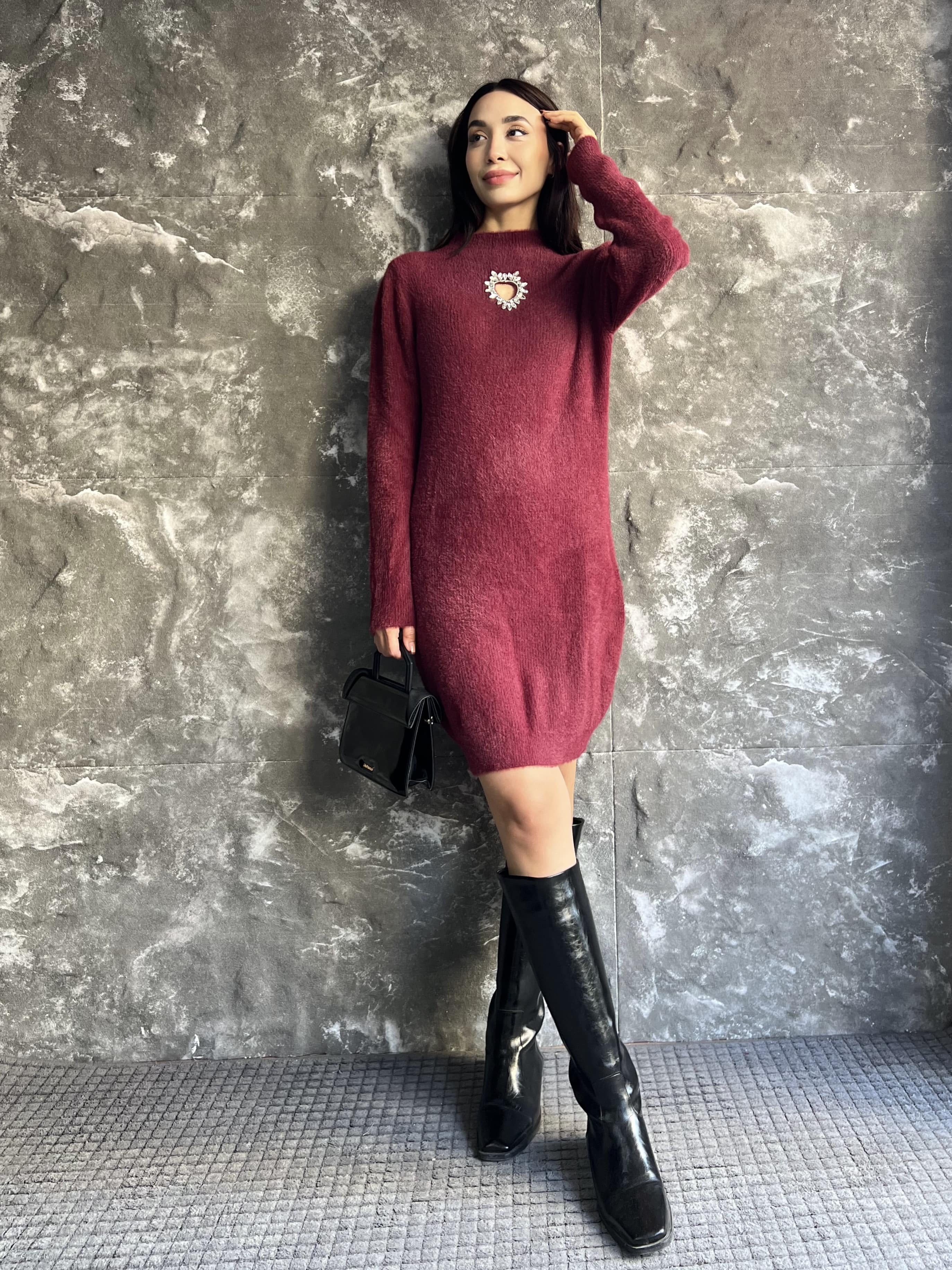 WALORİNA KALP TAŞ DETAY YUMOŞ ELBİSE