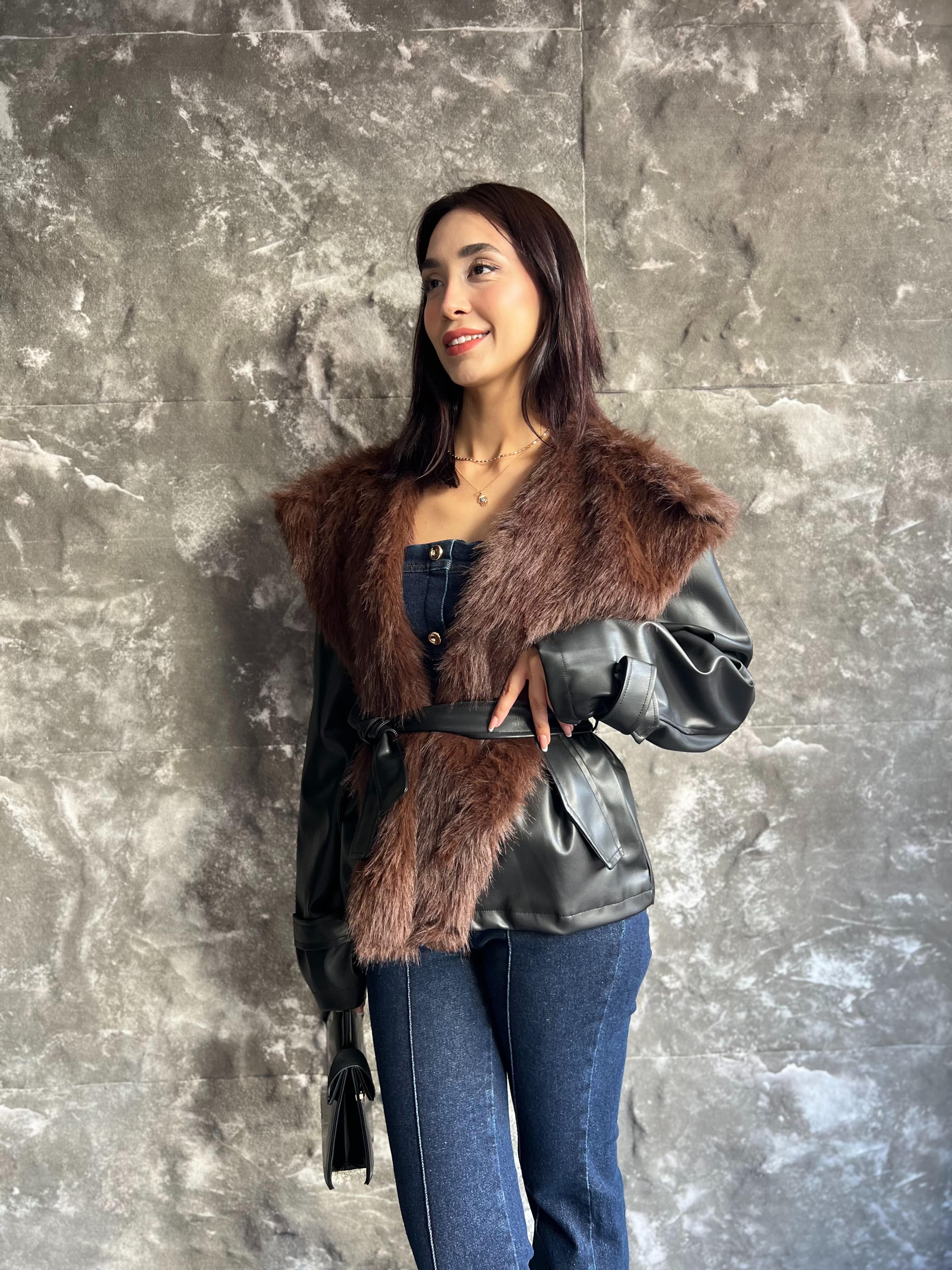 LOLİTA TASARIM KÜRK YAKA DERİ CEKET