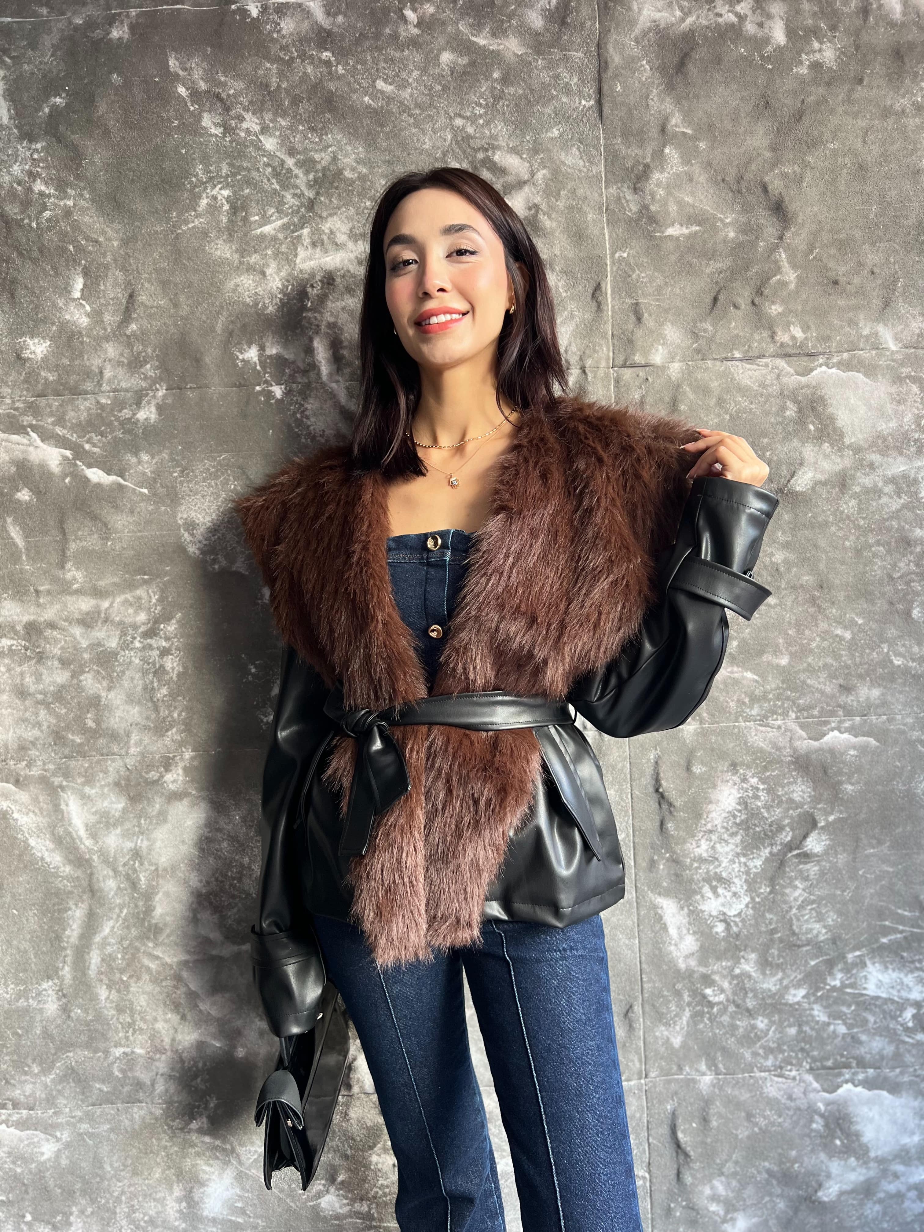 LOLİTA TASARIM KÜRK YAKA DERİ CEKET