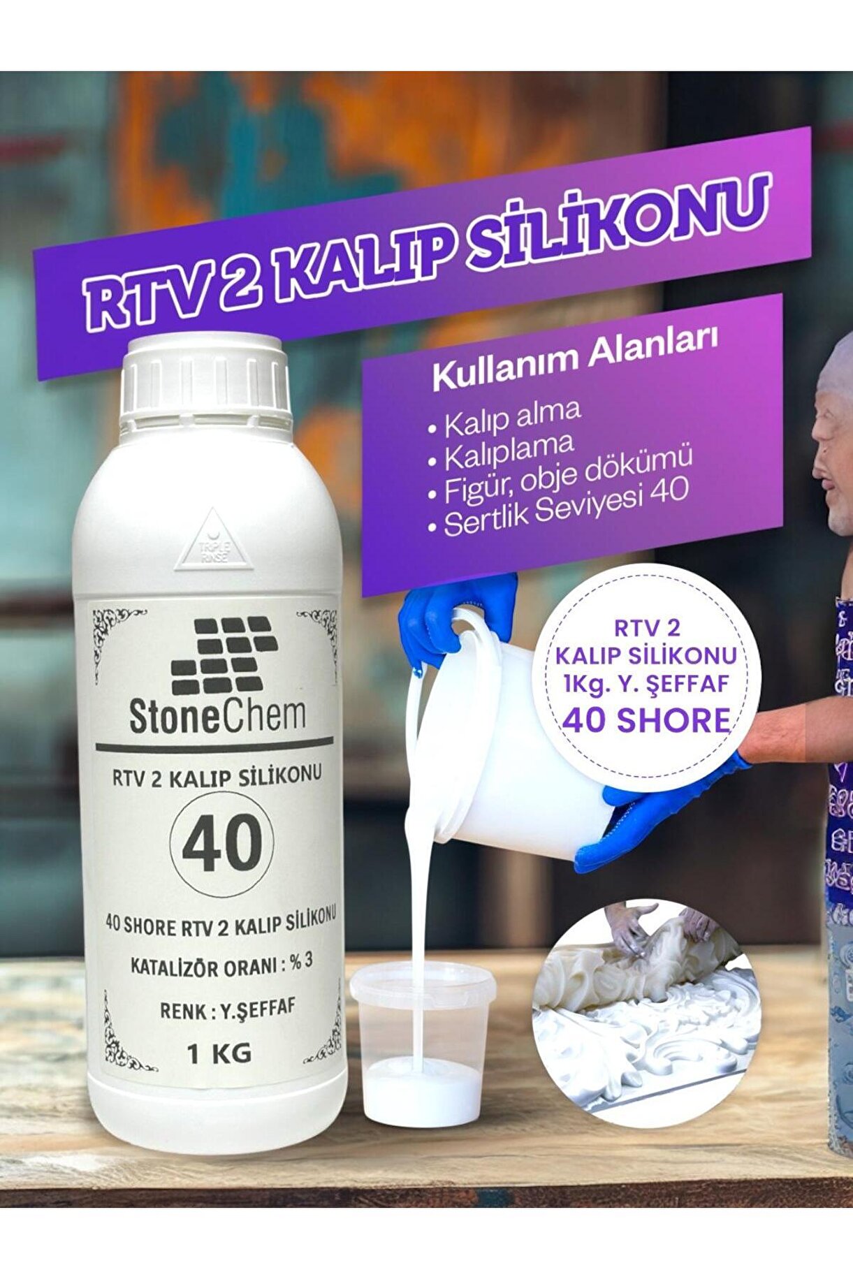Yüksek Kalite 1. Sınıf RTV 2 Kalıp Silikonu 1 KG YARI ŞEFFAF 40 SHORE