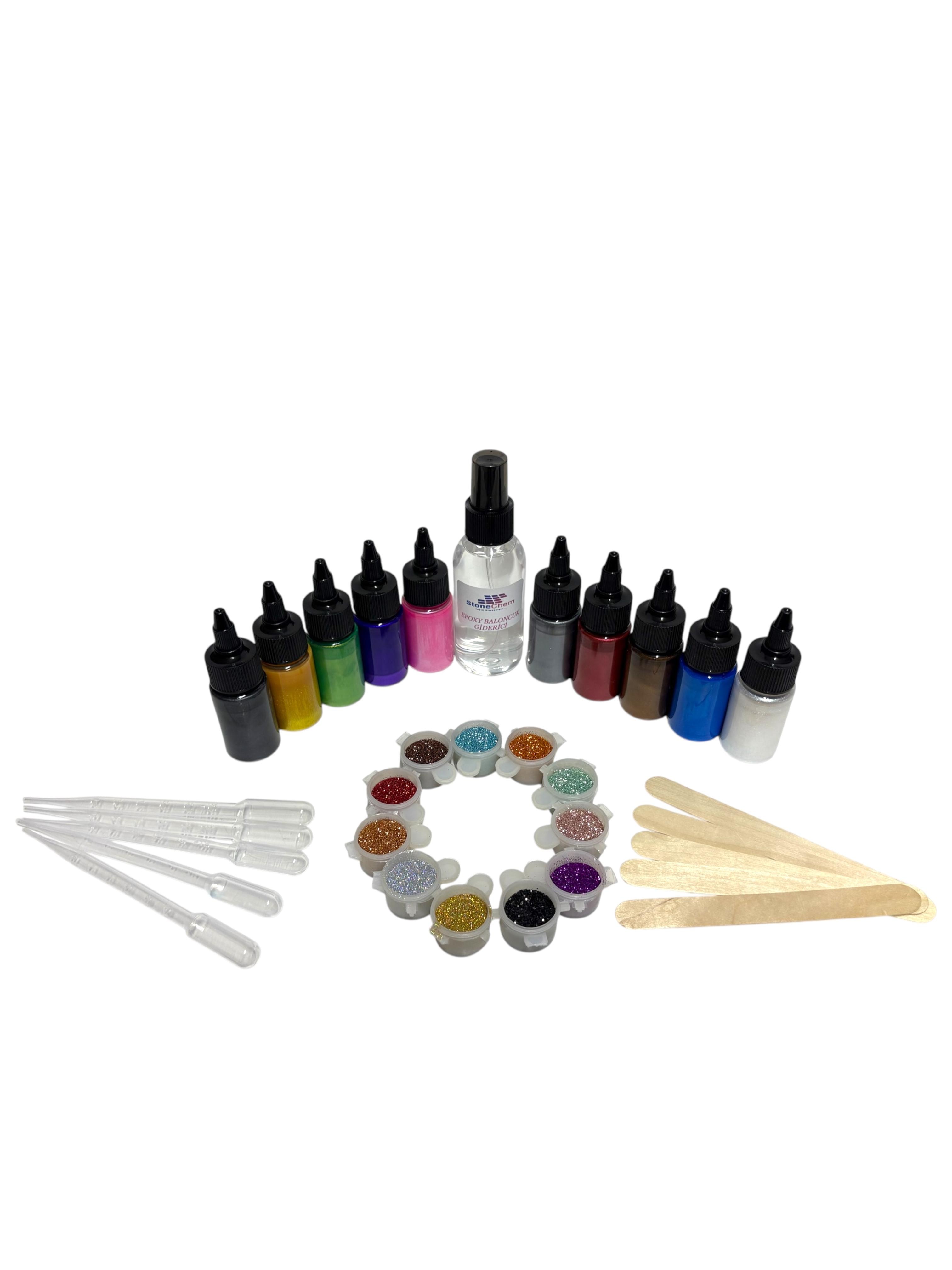 Epoksi Renklendirme Seti Köpük Giderici + Sıvı Sedefli Pigment + Sim Seti+ Pipet + Karıştırıcı Çubuk