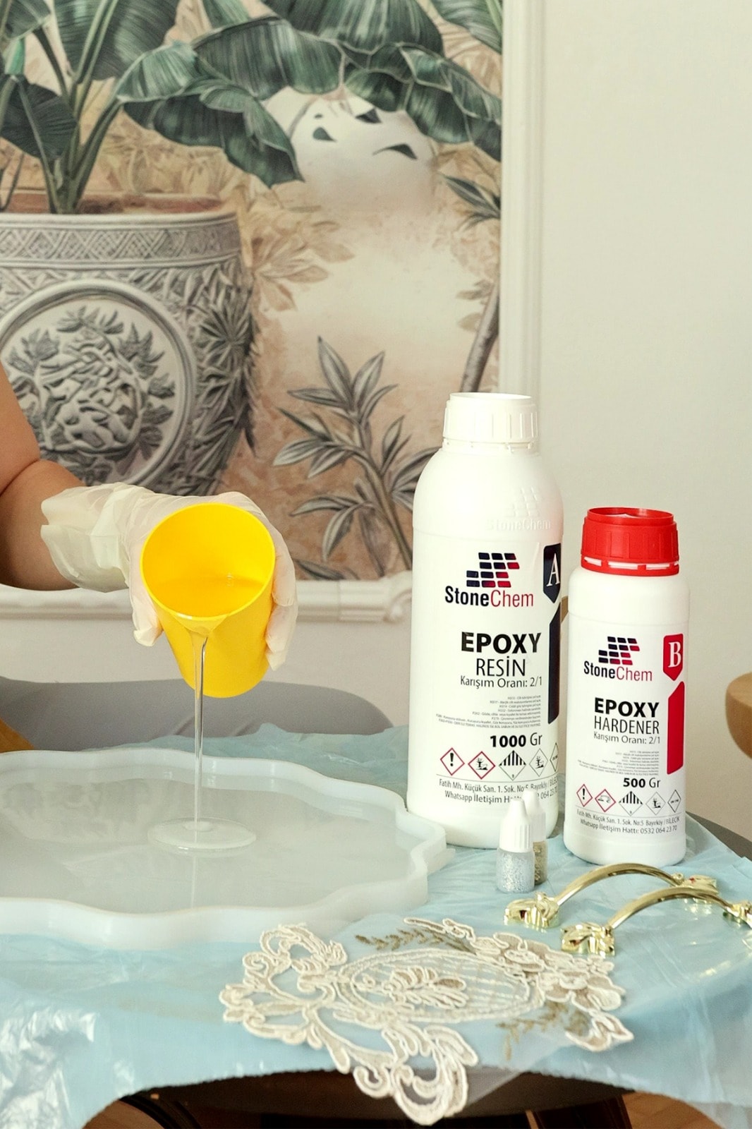 stonechem Epoksi Reçine 1,5 kg - 33,5 cm Tırtıklı Tepsi Kalıbı - Gümüş&Gold Sim - Çelik Gold Zamak Kulp