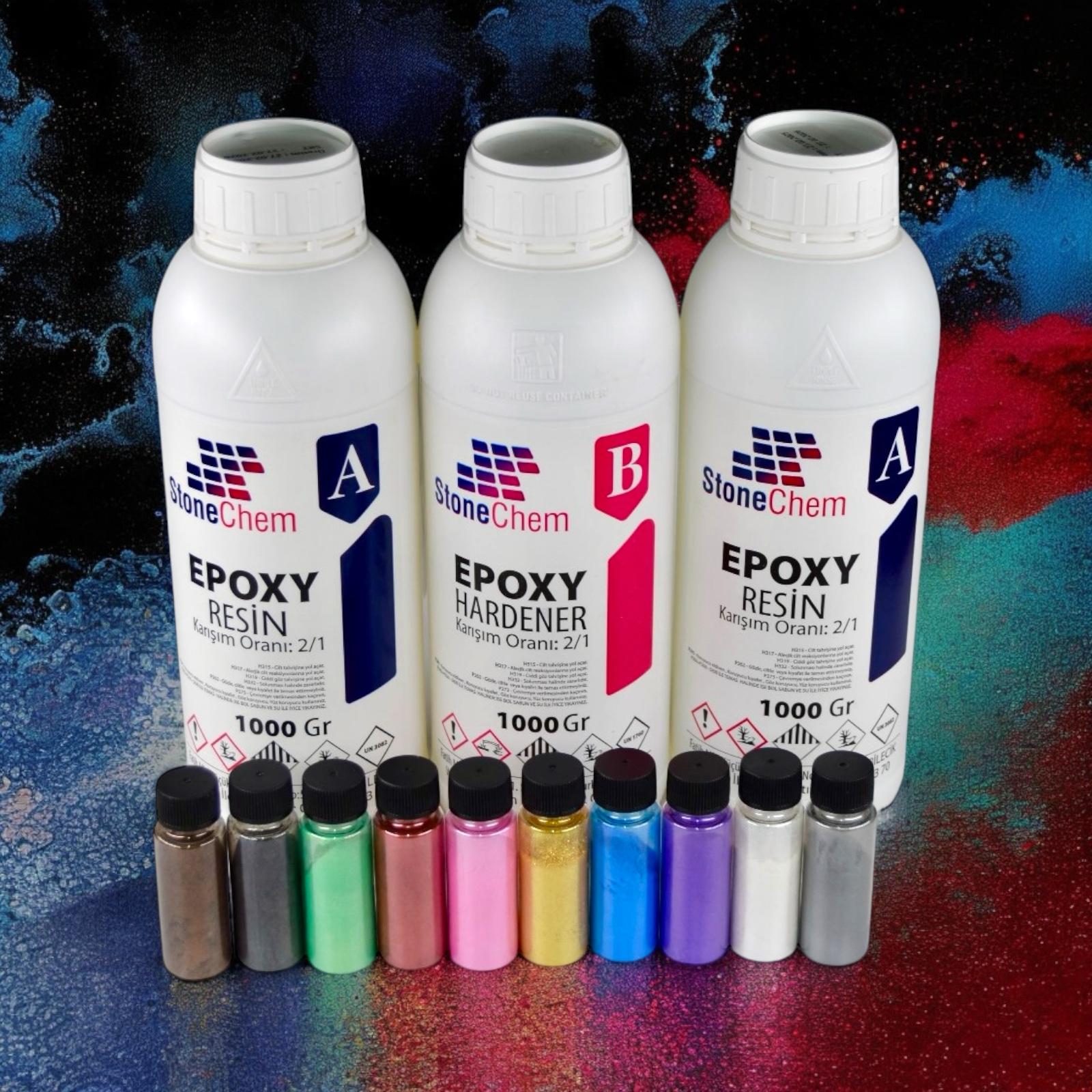 Ultra Şeffaf Epoksi Reçine 3 Kg + 10x20 ml Parlak sedefli Pigment Seti