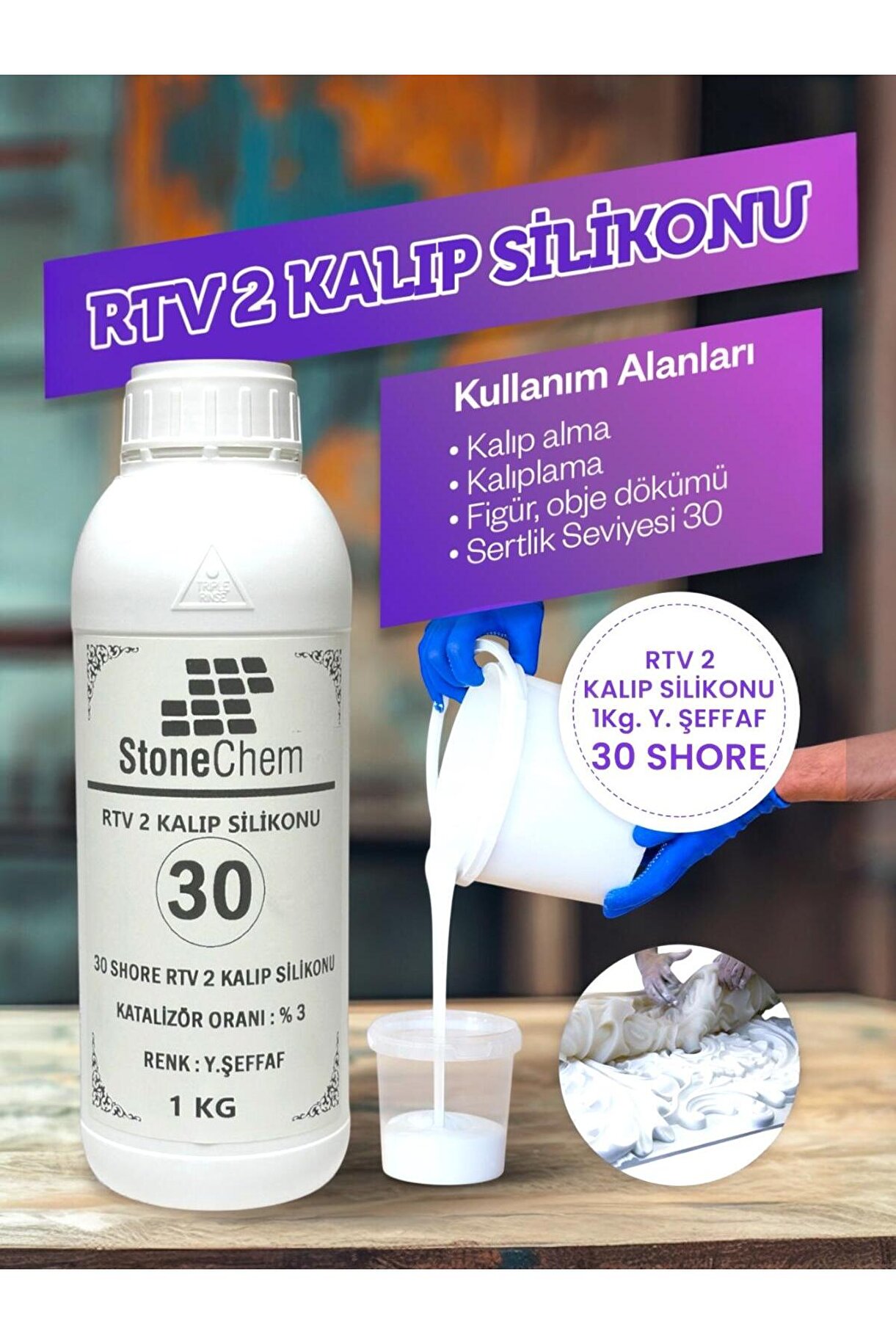 Yüksek Kalite 1. Sınıf RTV 2 Kalıp Silikonu 1 KG YARI ŞEFFAF 30 SHORE