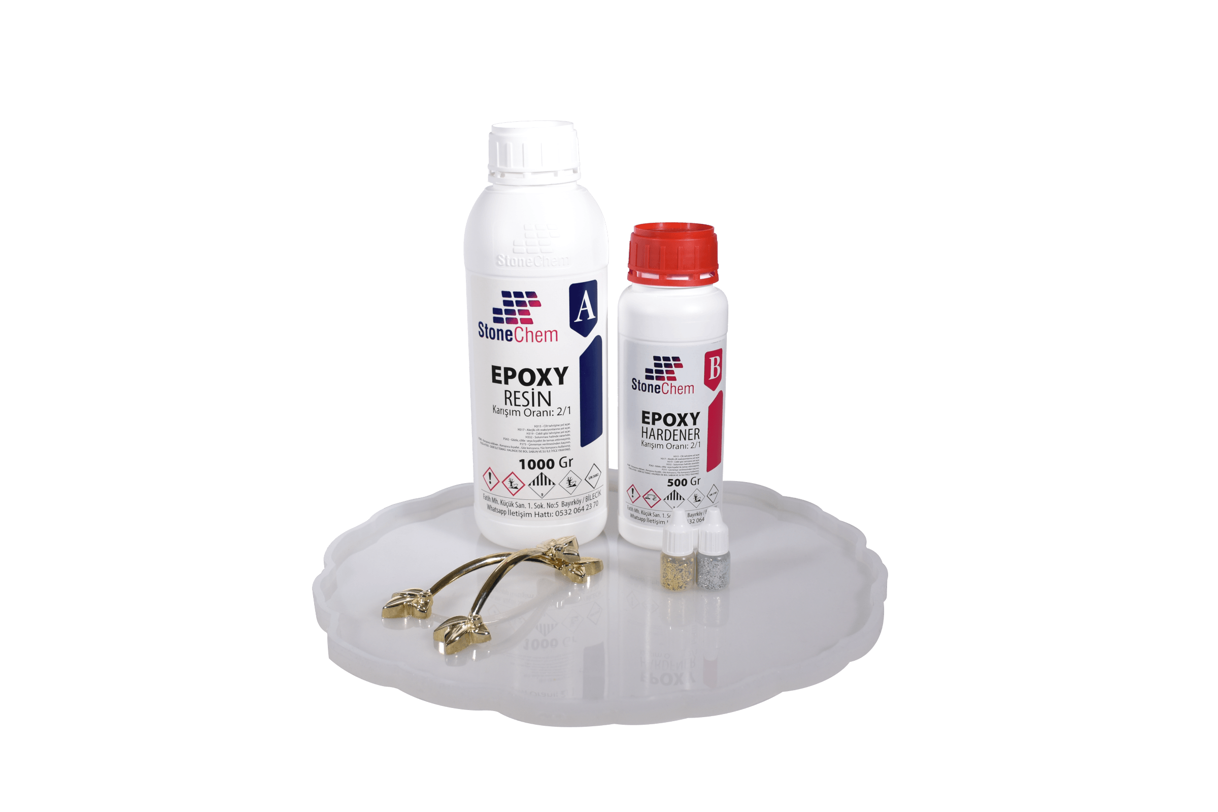 stonechem Epoksi Reçine 1,5 kg - 33,5 cm Tırtıklı Tepsi Kalıbı - Gümüş&Gold Sim - Çelik Gold Zamak Kulp