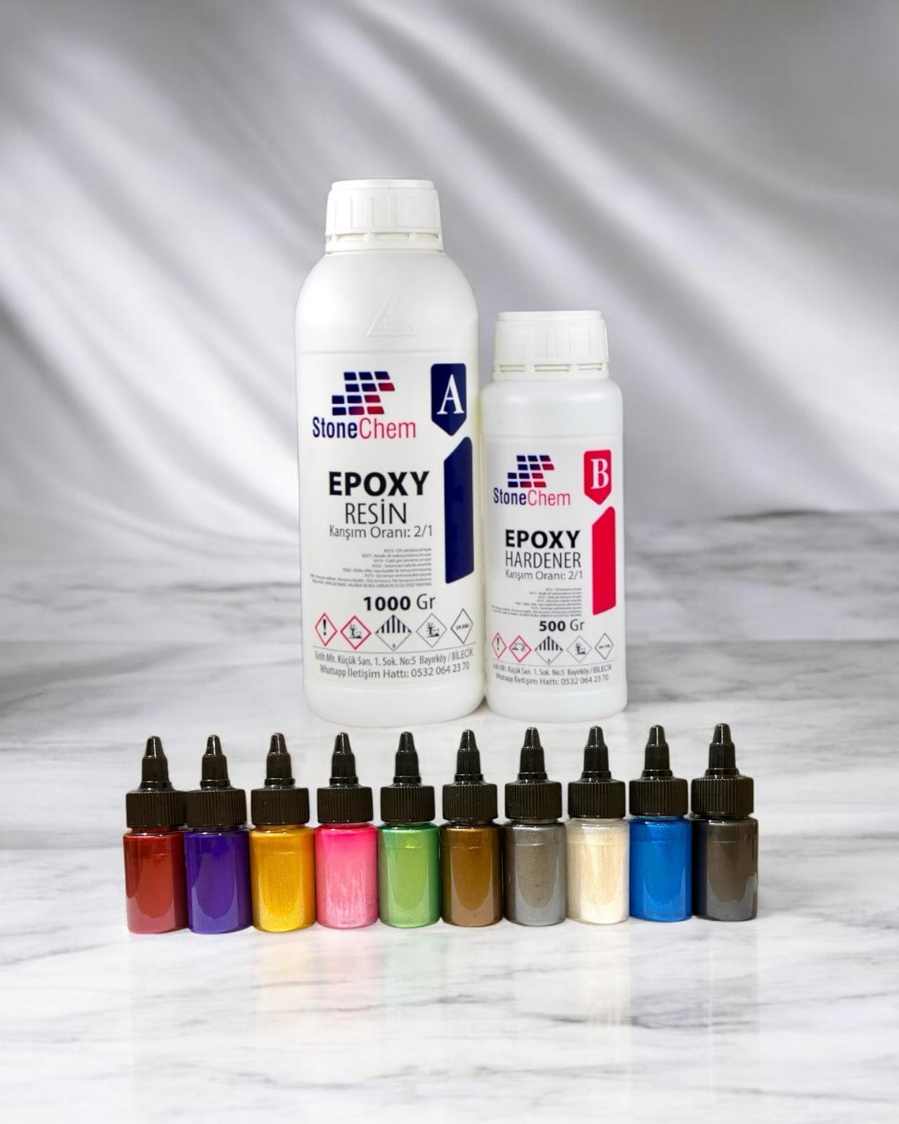 Ultra Şeffaf Parlak Epoksi Reçine 1500 gr + 10 Renk Sıvı Sedefli Pigment Seti