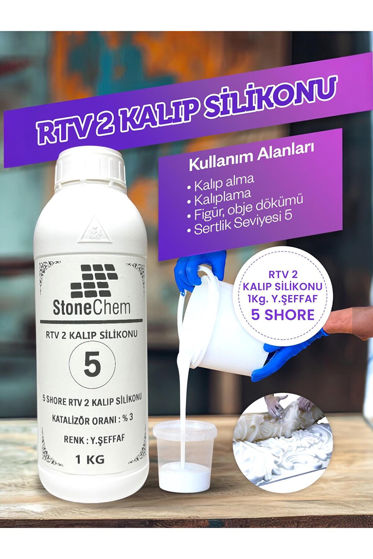 Yüksek Kalite 1. Sınıf RTV 2 Kalıp Silikonu 1 KG YARI ŞEFFAF 5 SHORE