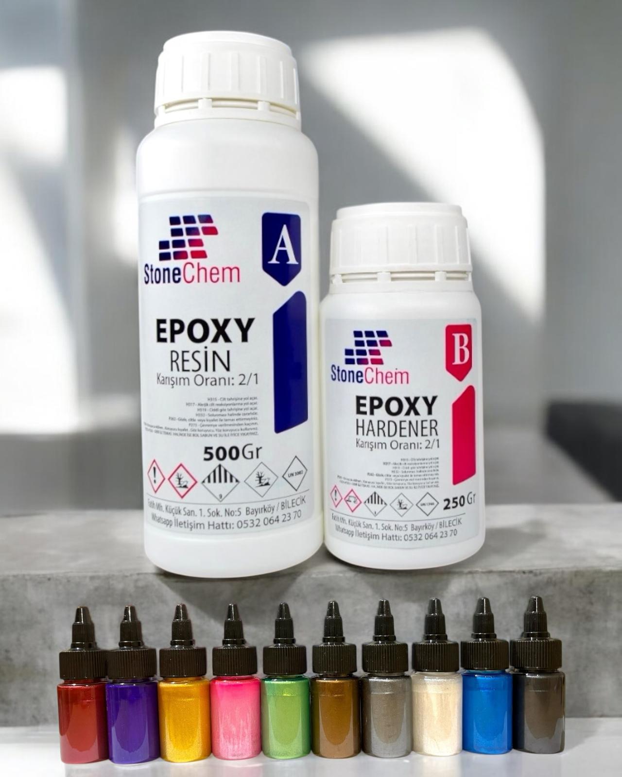 Ultra Şeffaf Parlak Epoksi Reçine 750 Gr + 10 Renk Sıvı Sedefli Pigmnet Seti