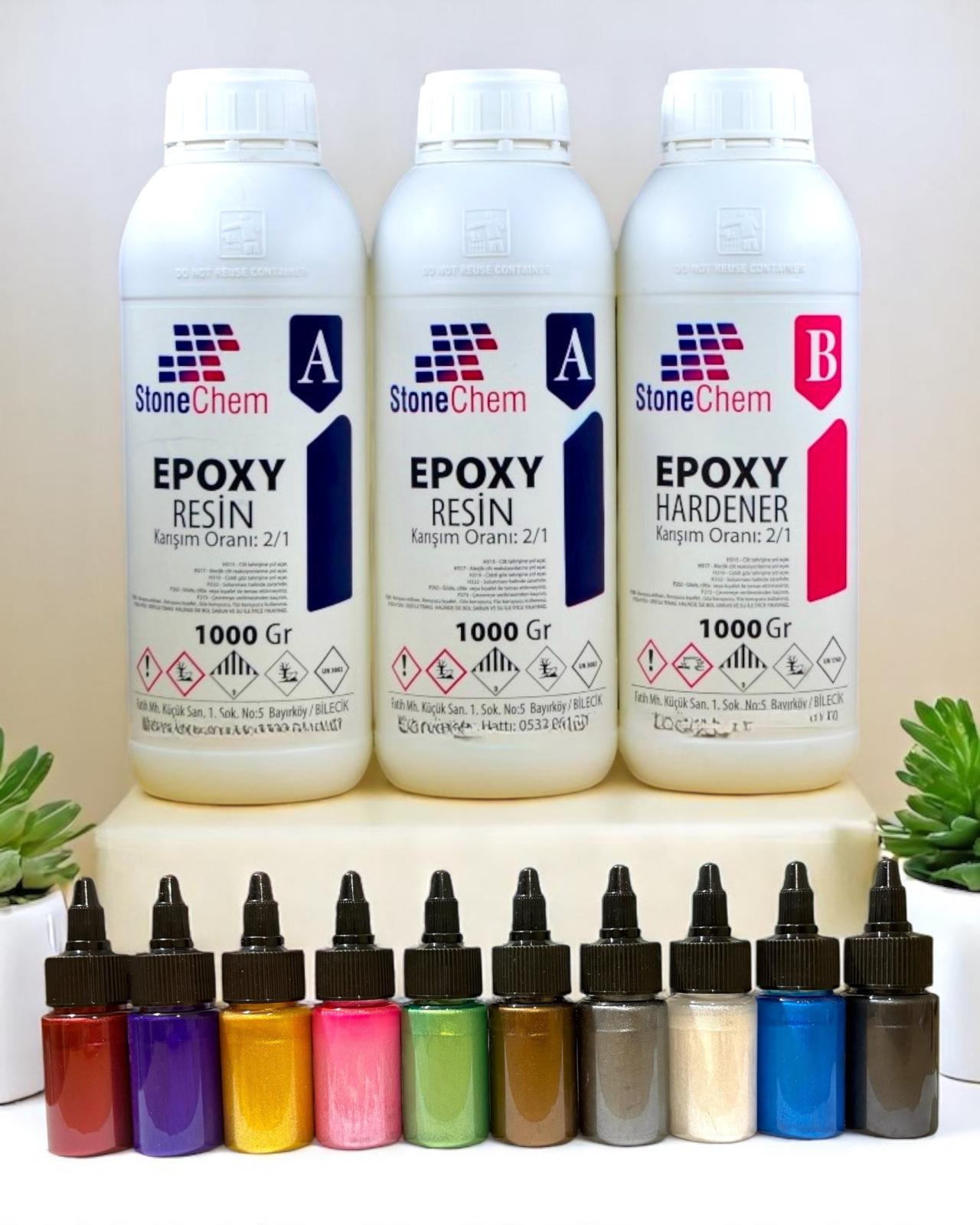 Ultra Şeffaf Parlak Epoksi Reçine 3 Kg + 10 Renk Sıvı Sedefli Pigment Seti