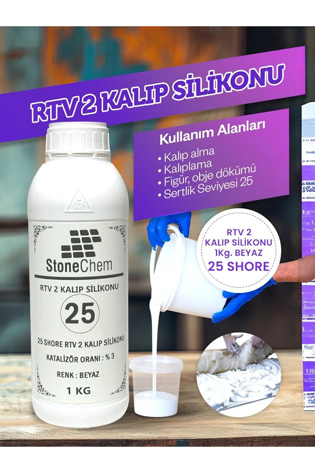 Yüksek Kalite 1. Sınıf RTV 2 Kalıp Silikonu 1 KG BEYAZ 25 SHORE