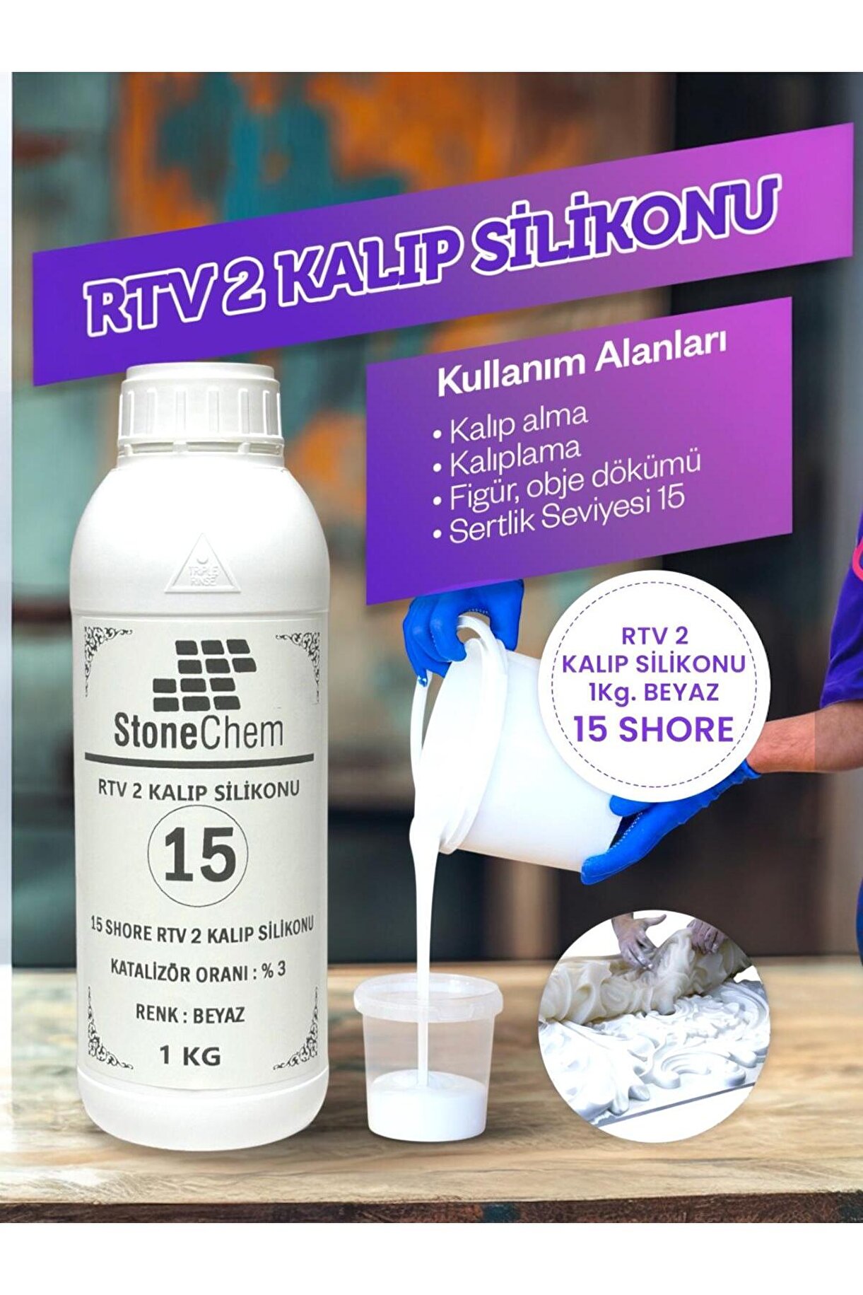 Yüksek Kalite 1. Sınıf RTV 2 Kalıp Silikonu 1 KG BEYAZ 15 SHORE