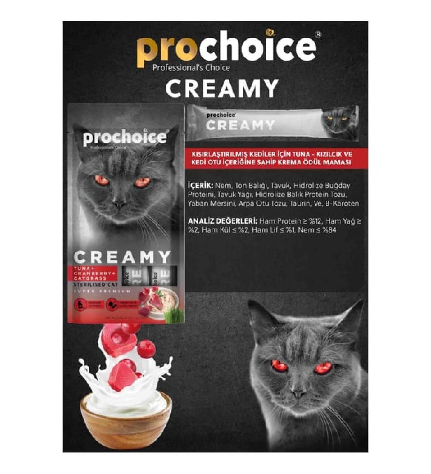 Prochoice Creamy Kediler İçin Tuna Balığı, Kızılcık ve Kedi Otlu Sıvı Ödül Maması 4x15 gr