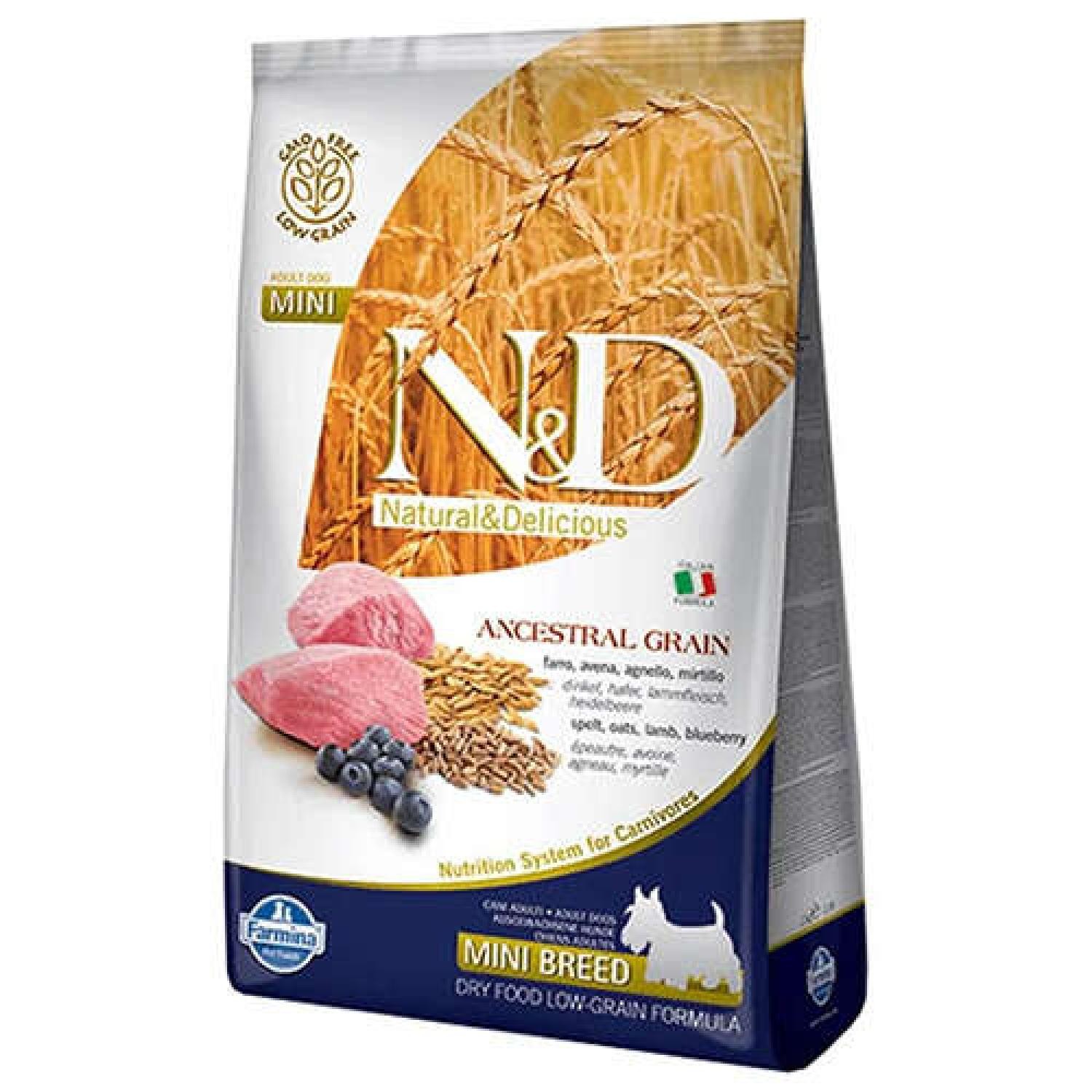 N&D ANCESTRAL GRAIN DOG LAMB, SPELT, OATS & BLUEBERRY ADULT MINI 2,5 KG