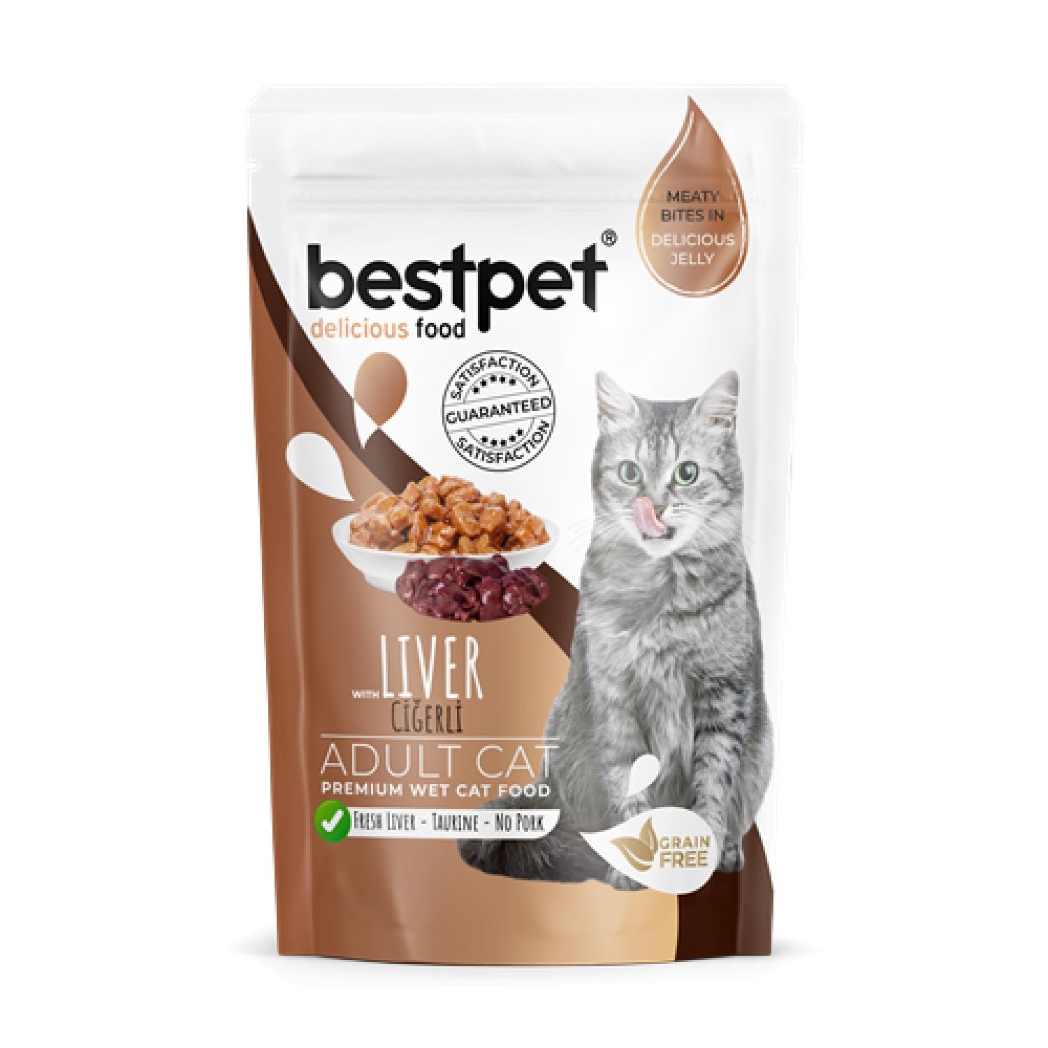 Bestpet Yetişkin Kediler İçin, Tahılsız, Jöle İçinde Ciğer Parça Etli Yaş Mama 85 gr