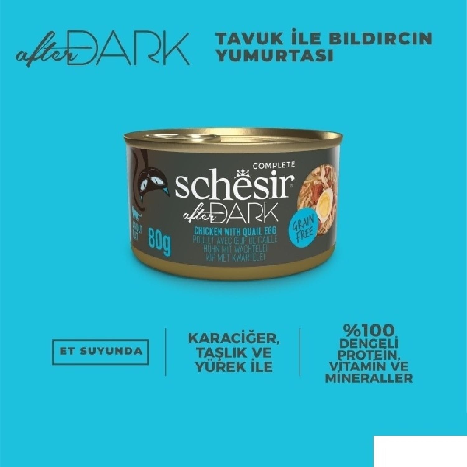 Schesir After Dark Tavuk ile Bıldırcın Yumurtası Et Suyunda Yetişkin Kedi Konservesi 80g