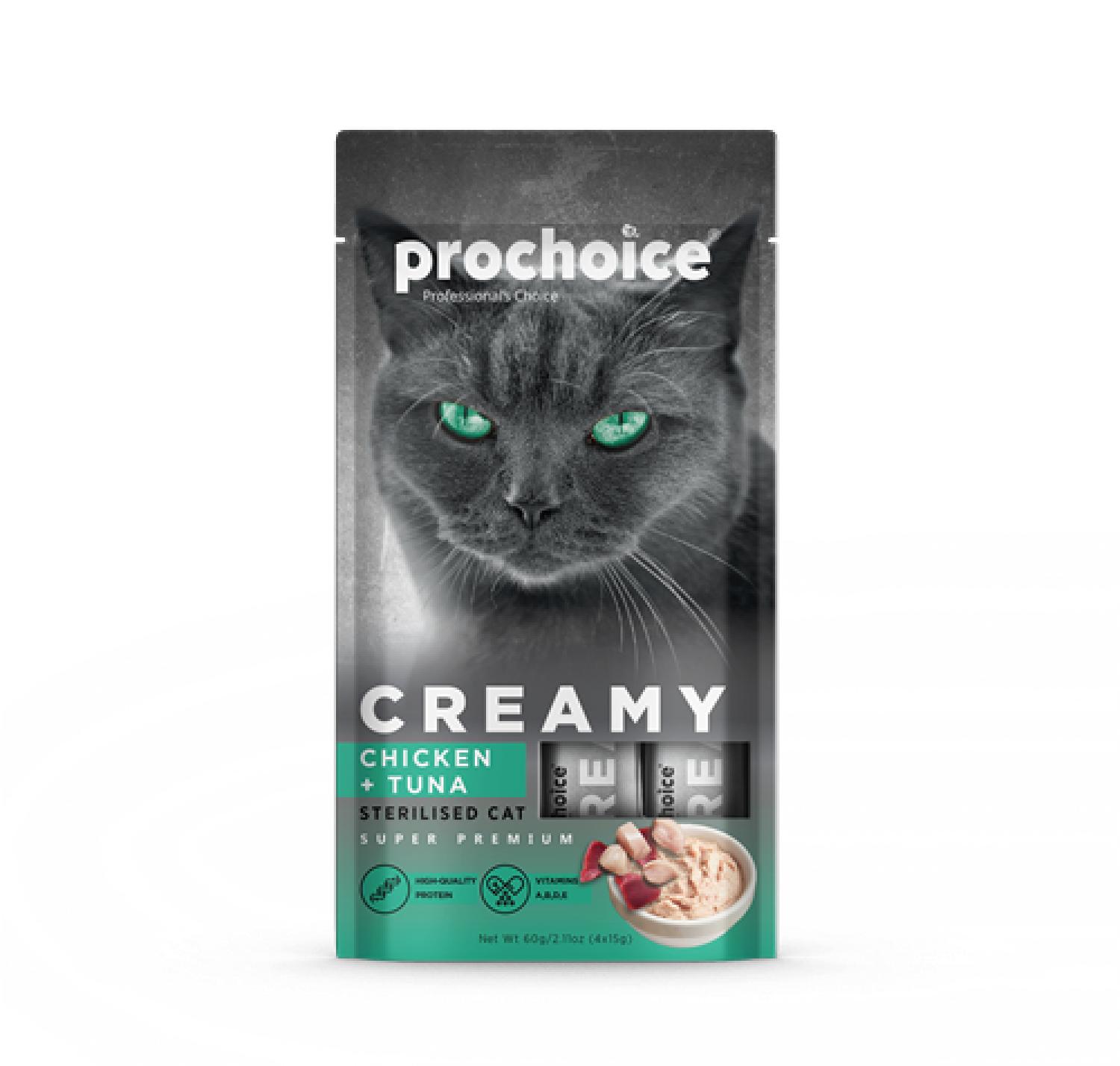 Prochoice Creamy Kısırlaştırılmış Kediler İçin Tavuklu ve Tuna Balıklı Sıvı Ödül Maması 4x15 gr