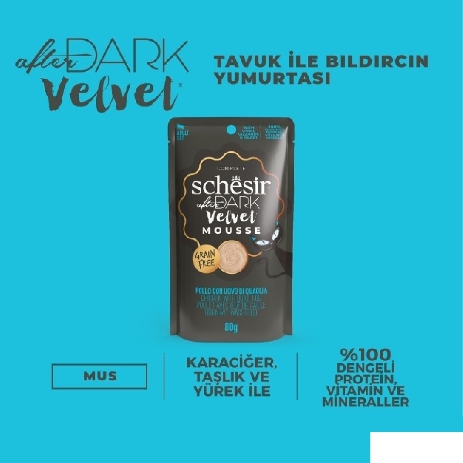 Schesir After Dark Tavuk ile Bıldırcın Yumurtası Mus Yetişkin Kedi Pouch 80g