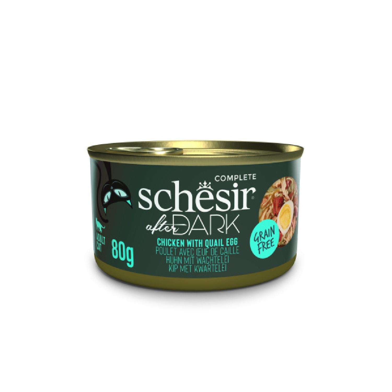 Schesir After Dark Tavuk ile Bıldırcın Yumurtası Et Suyunda Yetişkin Kedi Konservesi 80g