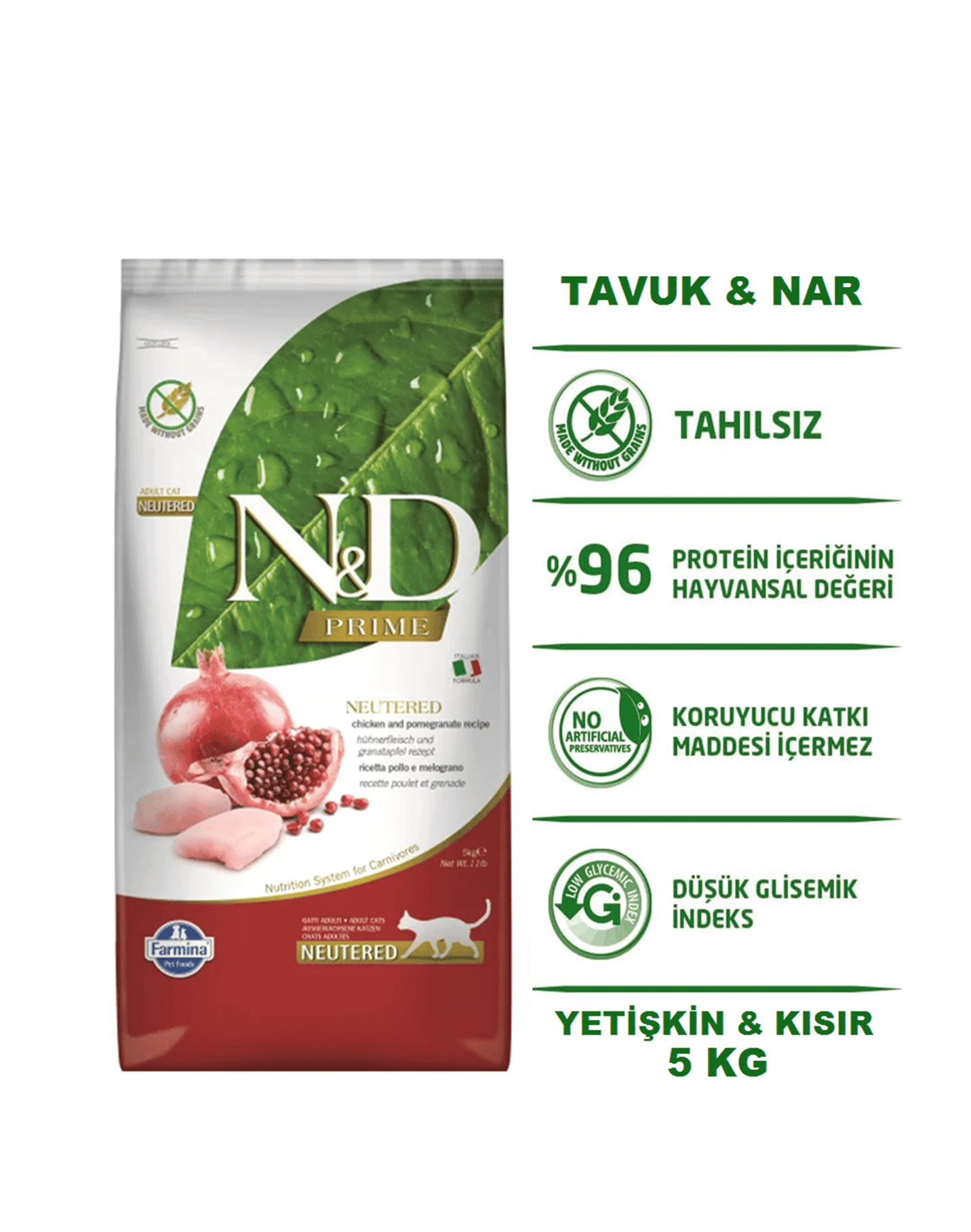 N&D Tahılsız Tavuk ve Narlı Kısırlaştırılmış Kedi Maması 5 Kg