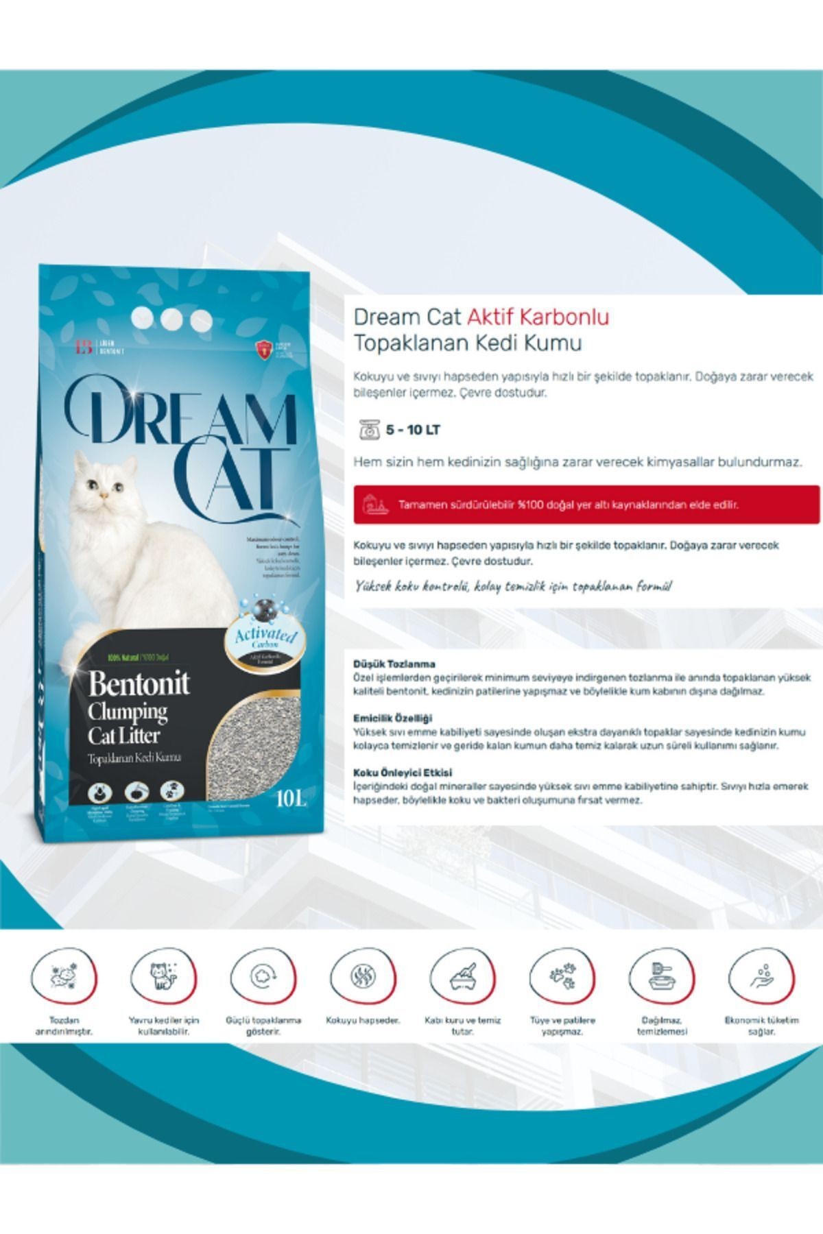Dream Cat Aktif Karbonlu Topaklanan Kedi Kumu 10 L