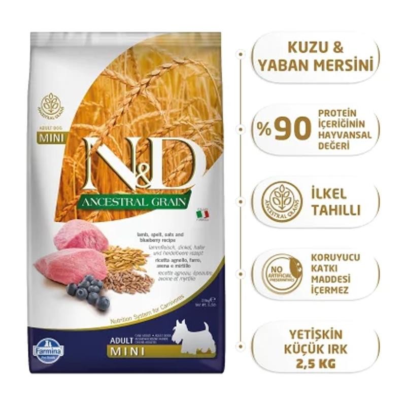 N&D Ancestral Grain Kuzu Etli Yaban Mersinli Küçük Irk Ata Tahıllı Yetişkin Köpek Maması 7kg