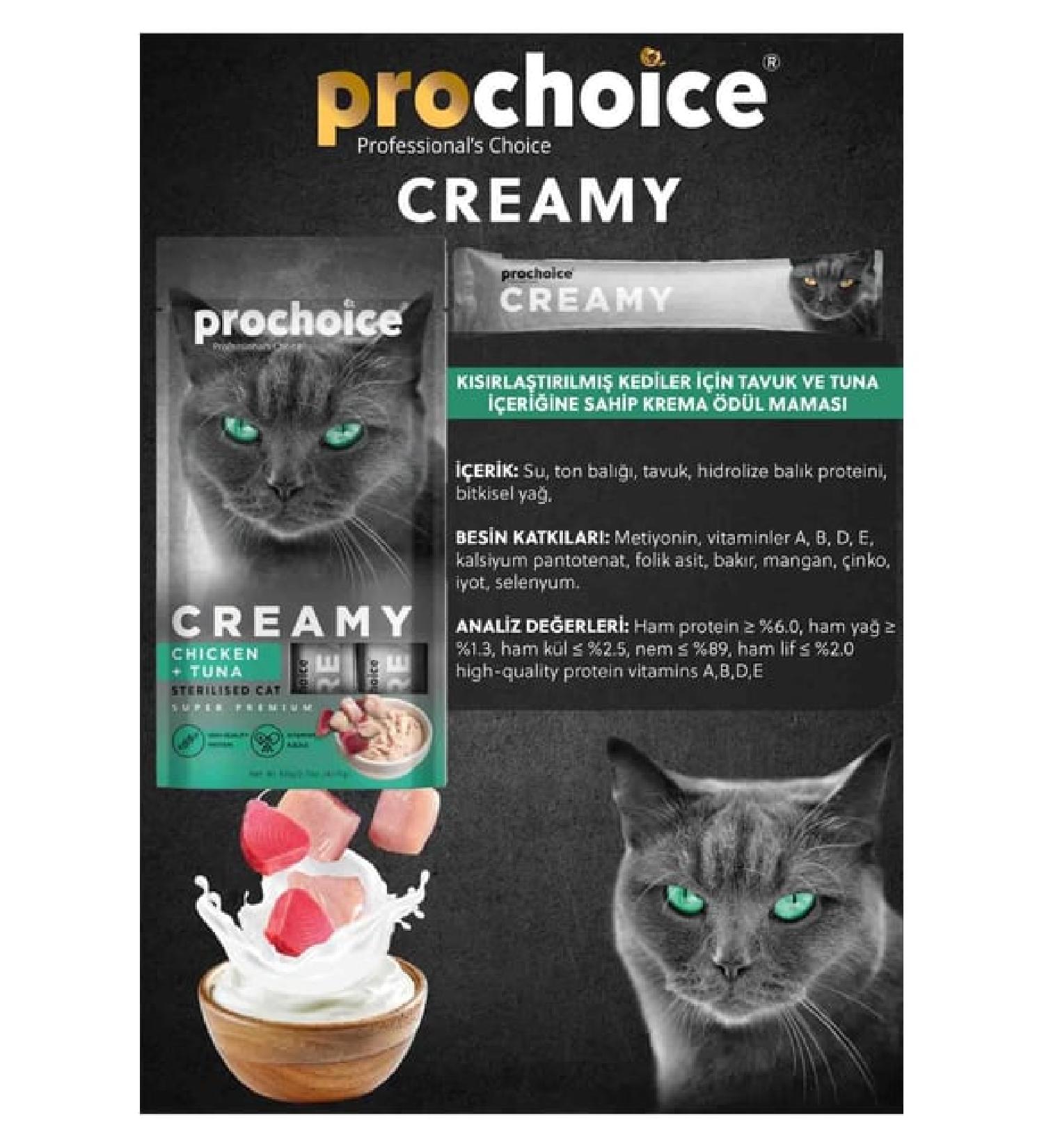 Prochoice Creamy Kısırlaştırılmış Kediler İçin Tavuklu ve Tuna Balıklı Sıvı Ödül Maması 4x15 gr