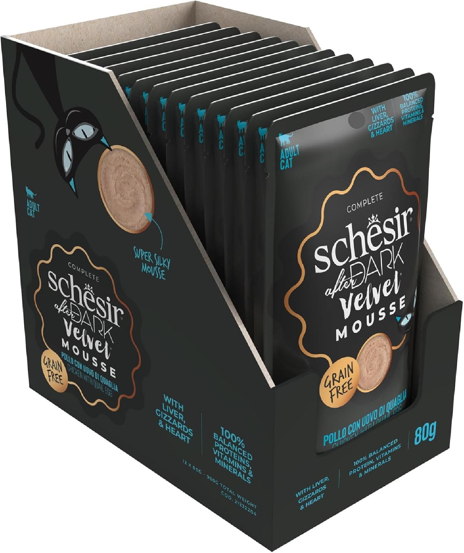 Schesir After Dark Tavuk ile Bıldırcın Yumurtası Mus Yetişkin Kedi Pouch 12x80g