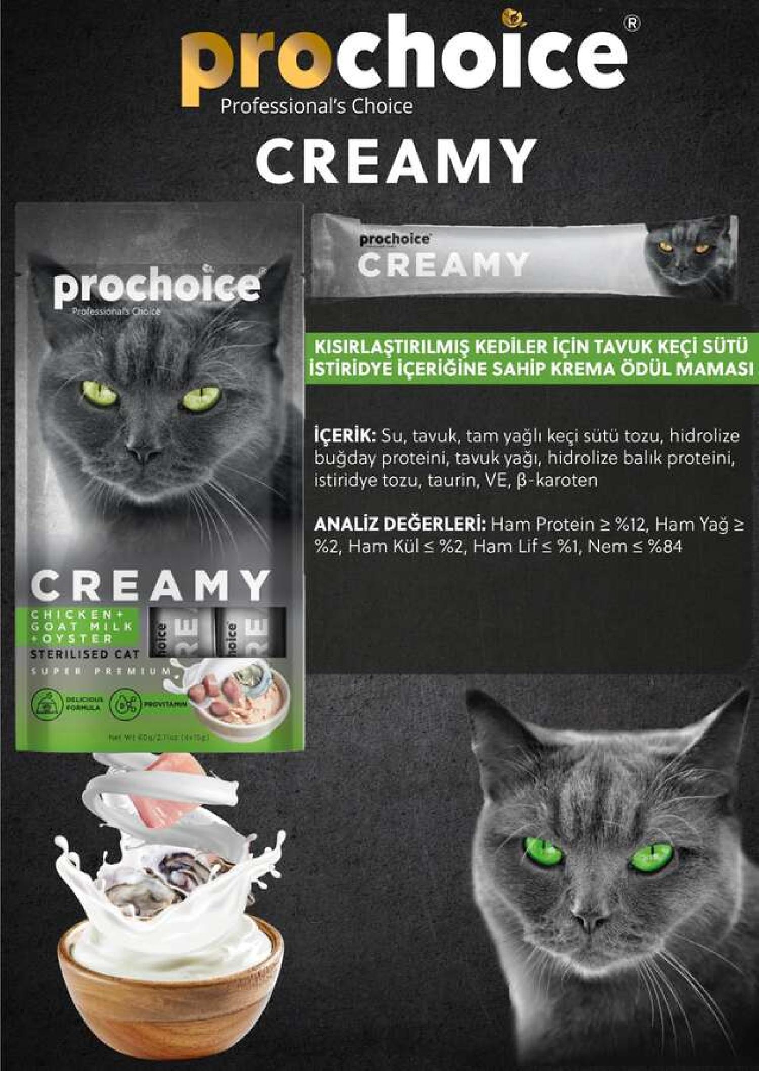 Prochoice Creamy Kediler İçin Tavuklu, Keçi Sütlü ve İstridyeli Sıvı Ödül Maması 4x15 gr