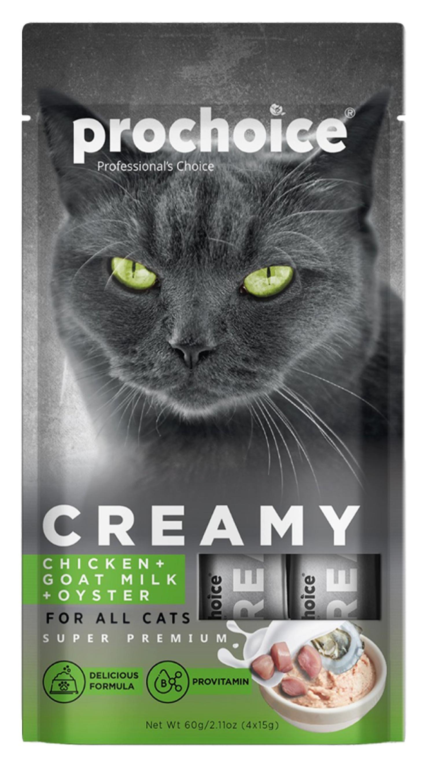 Prochoice Creamy Kediler İçin Tavuklu, Keçi Sütlü ve İstridyeli Sıvı Ödül Maması 4x15 gr