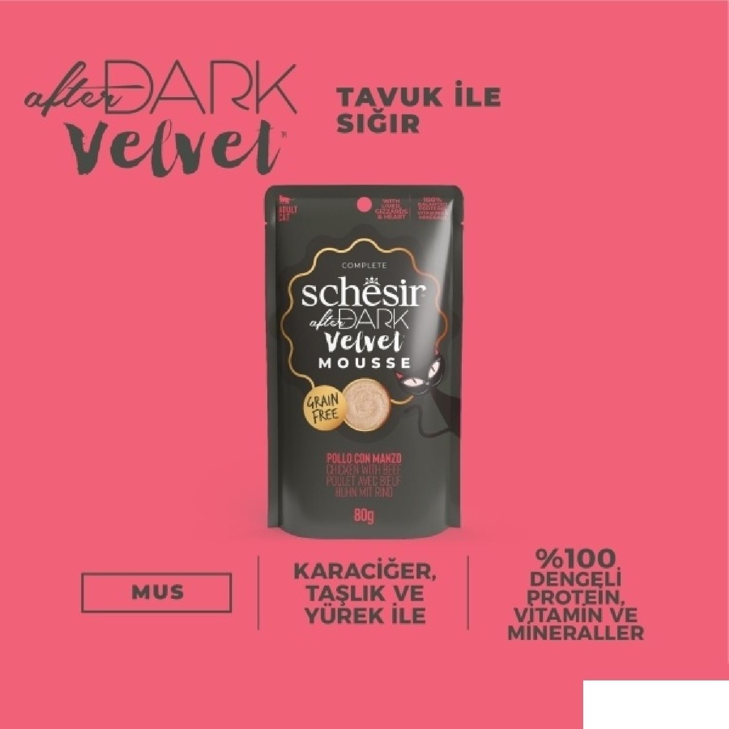 Schesir After Dark Tavuk ile Sığır Mus Yetişkin Kedi Pouch 80g